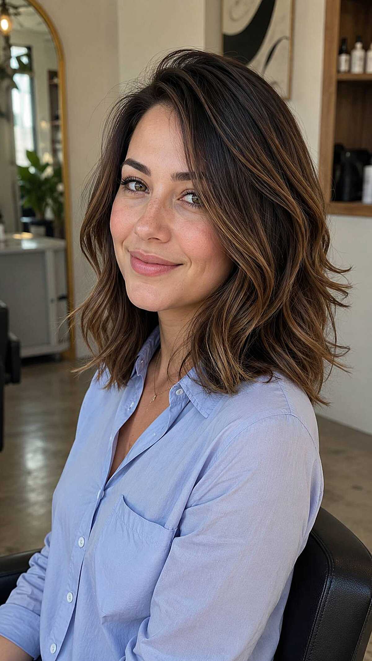 Brunette medium waves with caramel highlights and side part