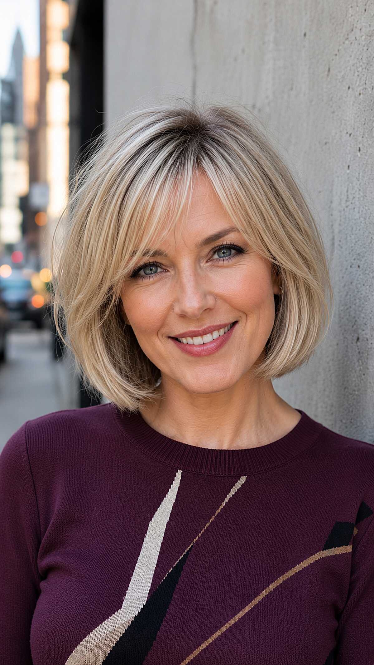 Champagne Blonde Layered Bob with Wispy Bangs