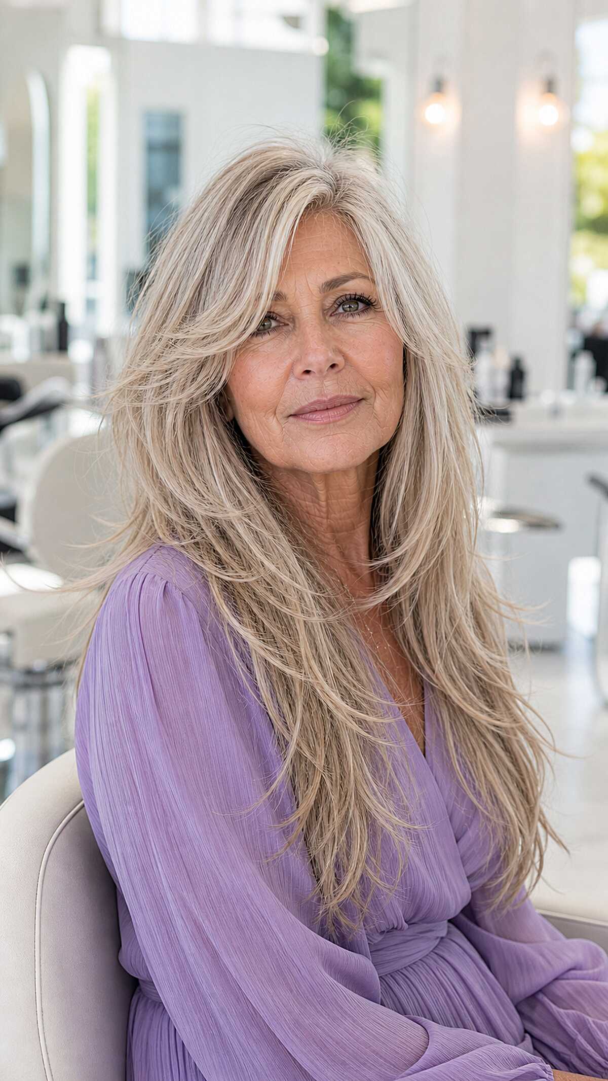 Champagne Blonde Long Shag with Feathered Side Part