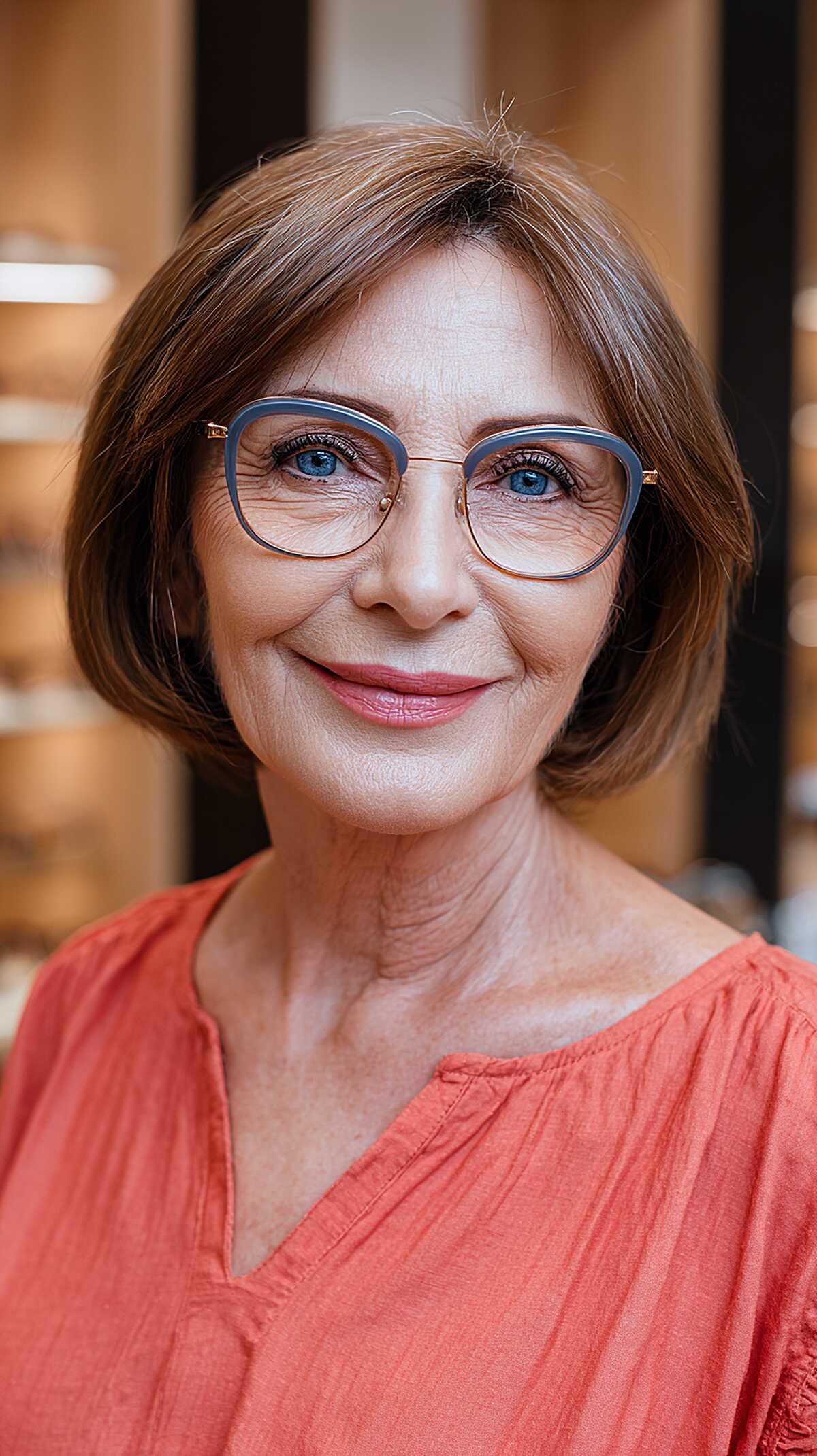 Chestnut Brown Chin-Length Bob with Blue Cat-Eye Glasses