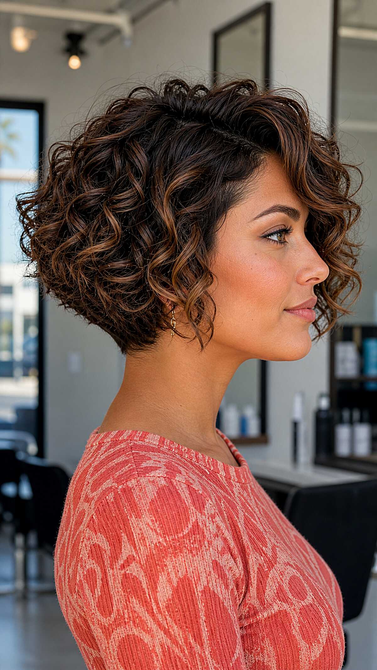 Chin-length curly bob with stacked nape layers