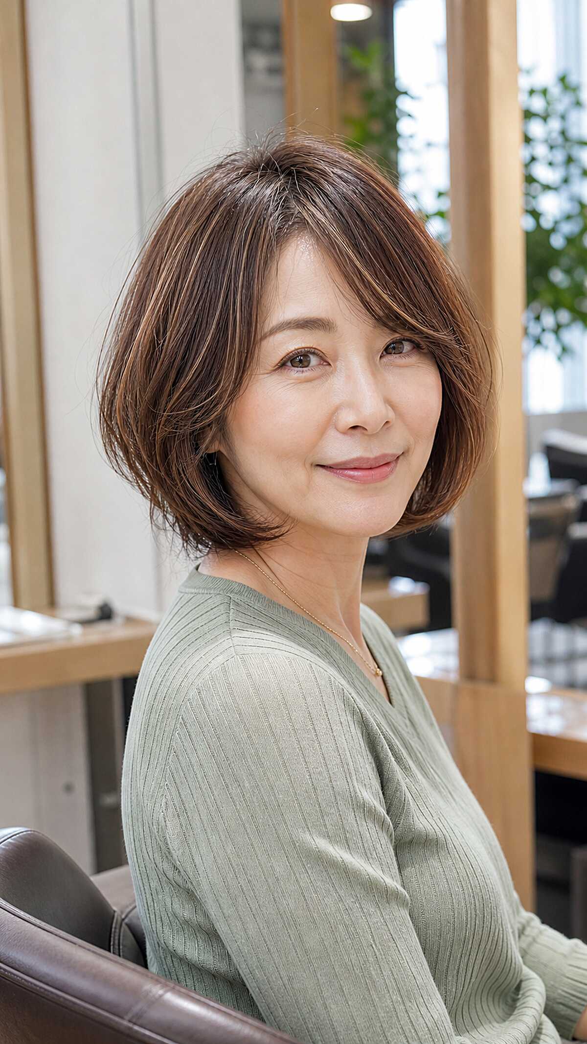 Chin-length layered brown bob with wispy side fringe