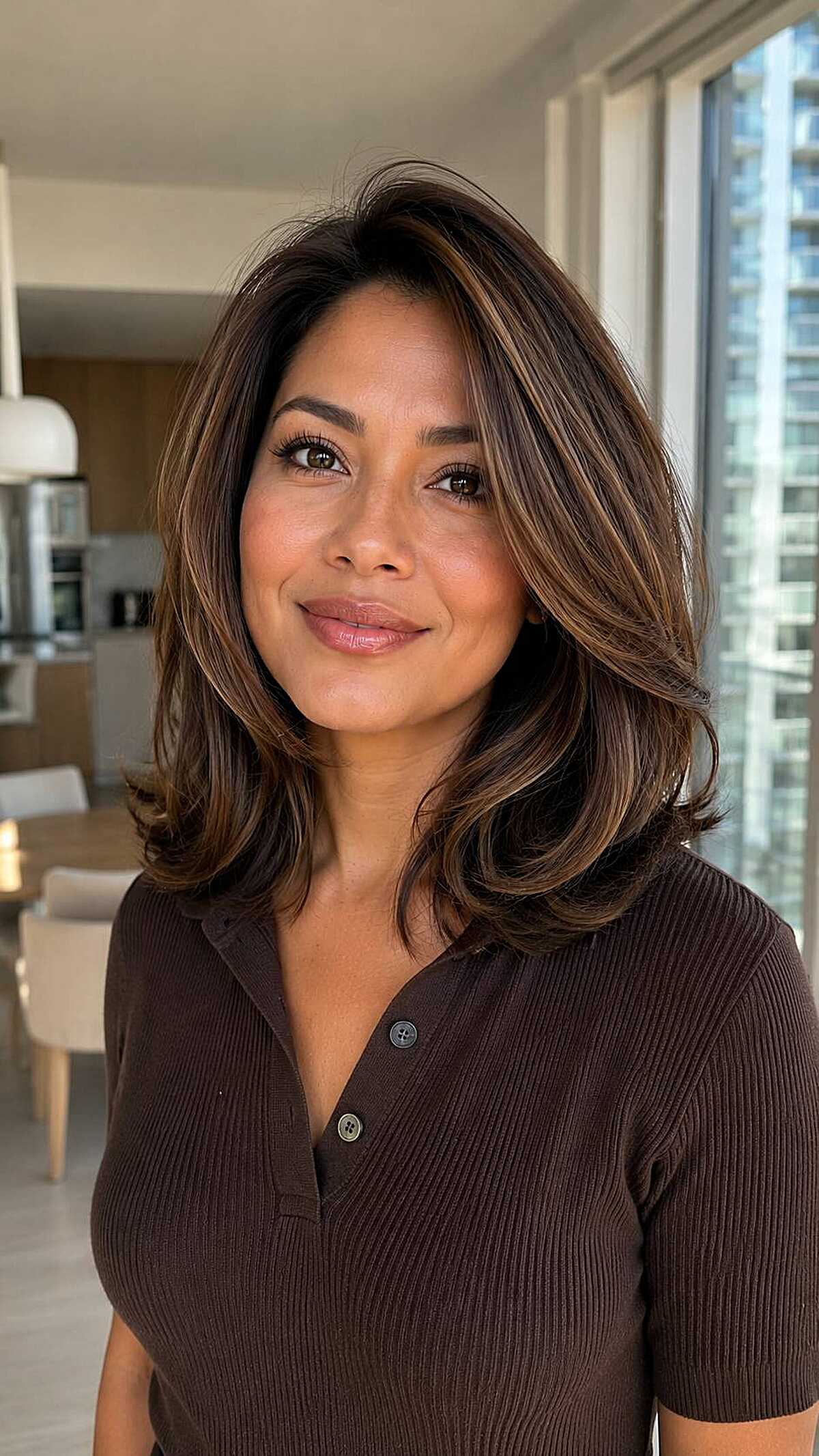 Chocolate brown medium hair with flippy layered ends