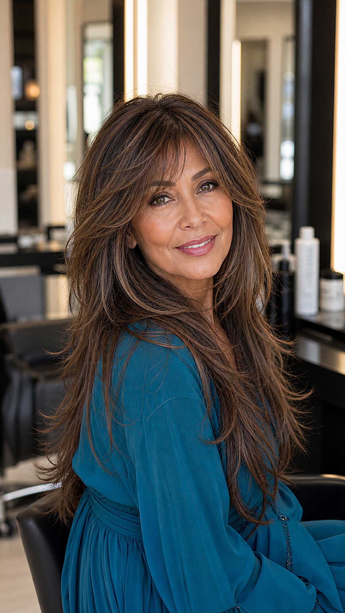 Glossy Chocolate Brunette Shag with Layers and Fringe