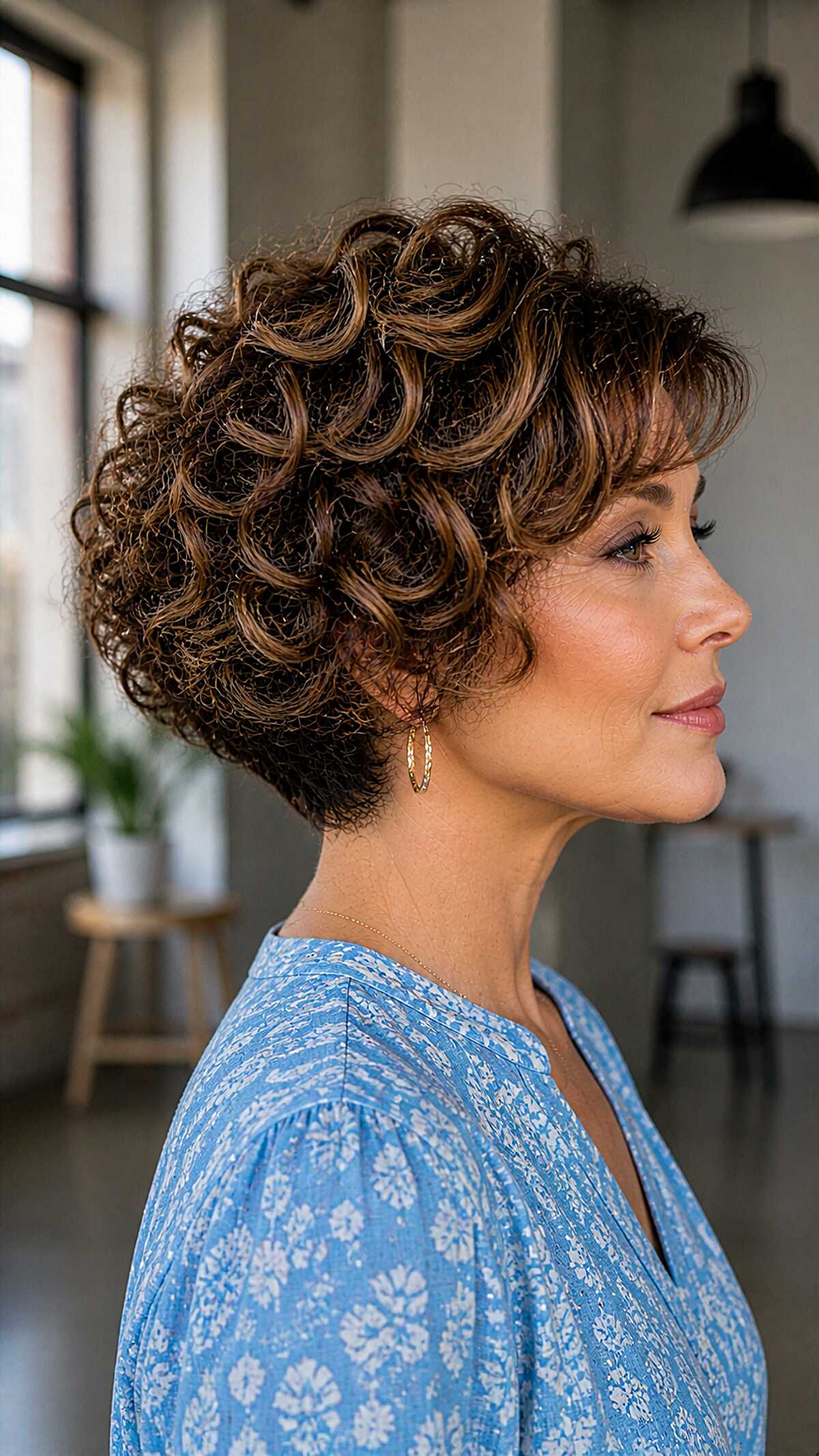 Chocolate brown curly bob with caramel ringlets