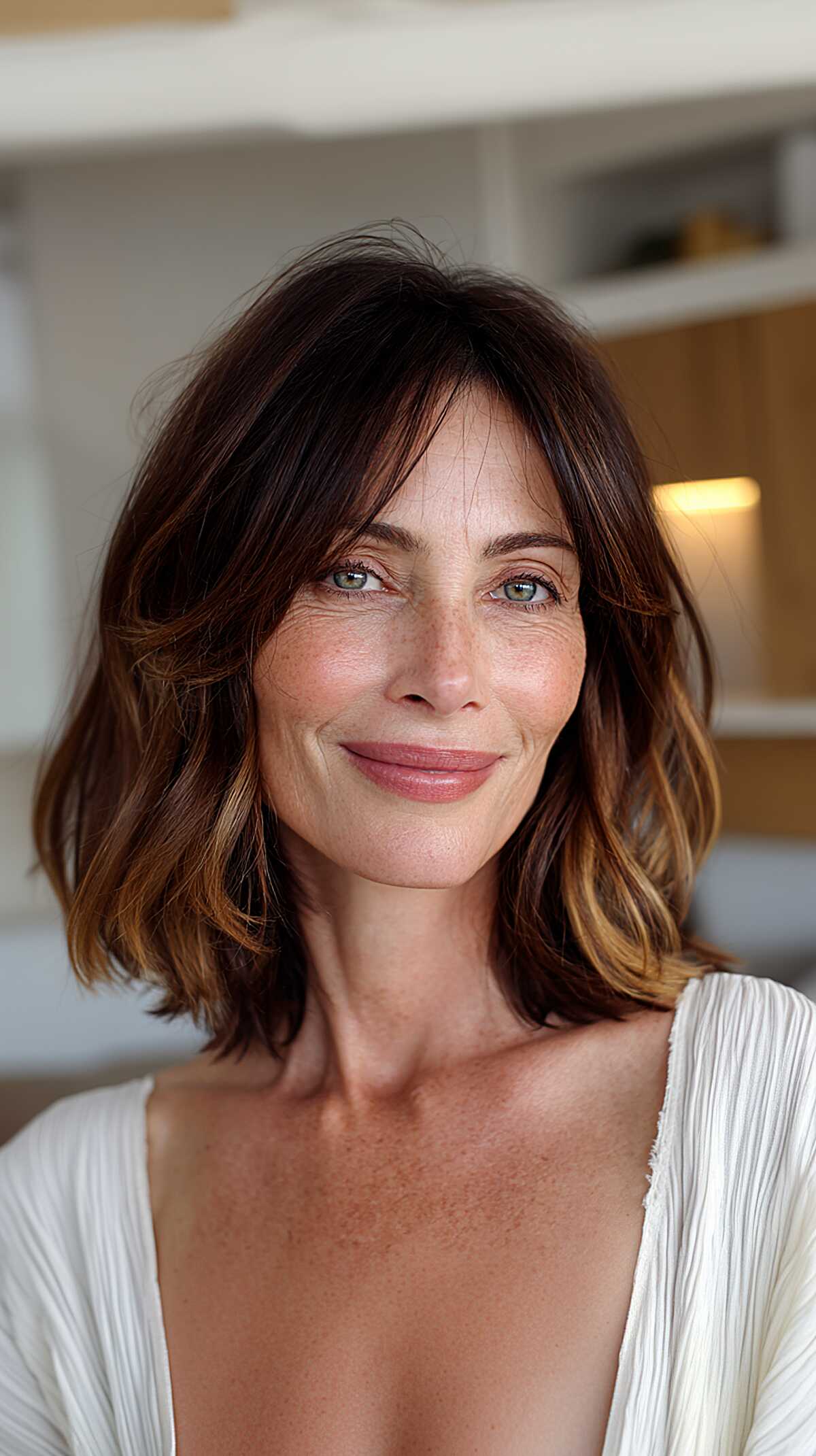 Chocolate brown layered lob with subtle warm highlights