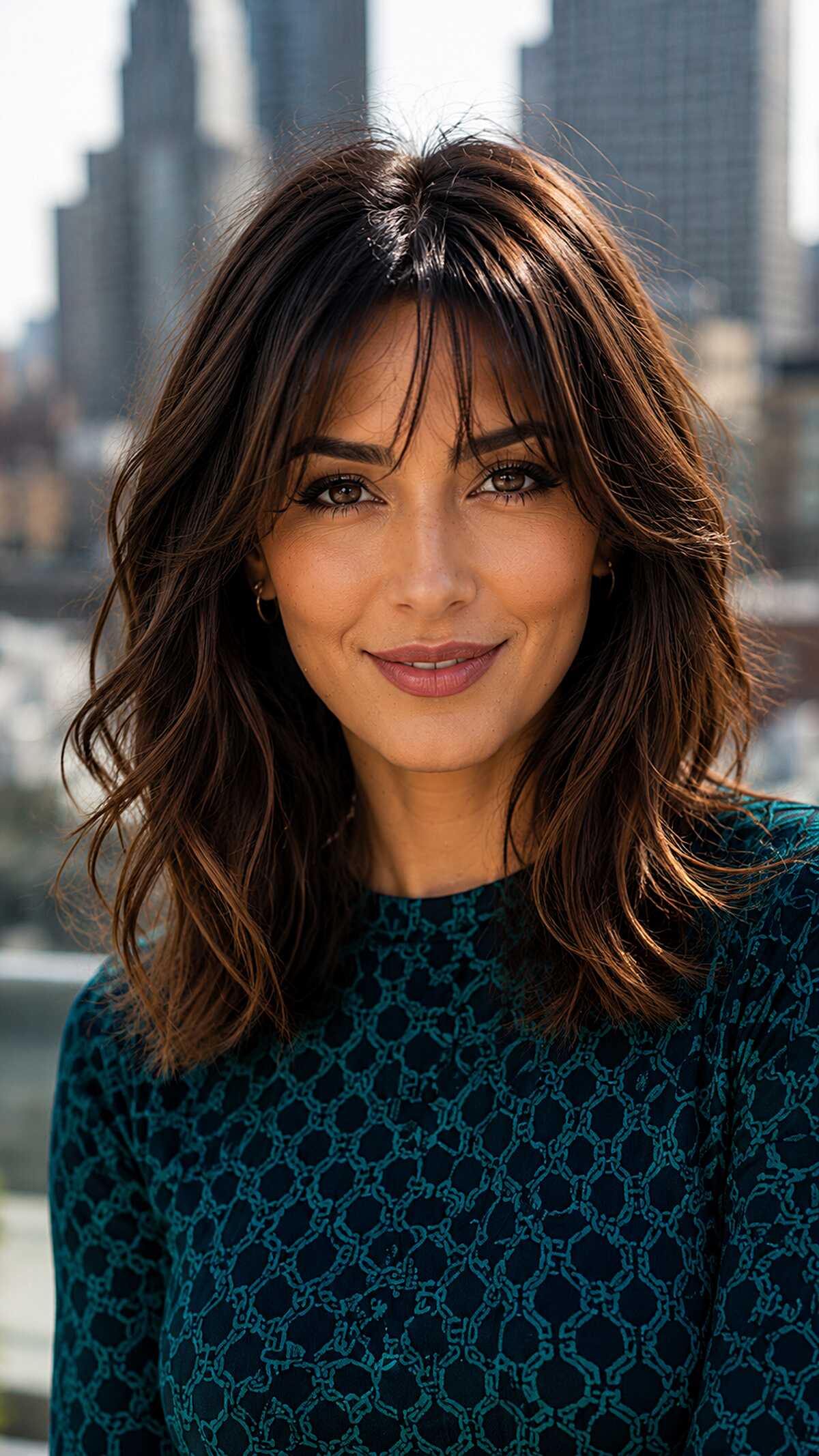 Choppy collarbone-length brunette with wispy center bangs