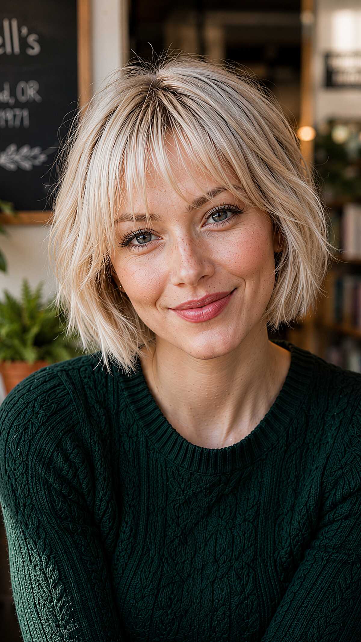 Choppy platinum blonde bob with see-through wispy bangs
