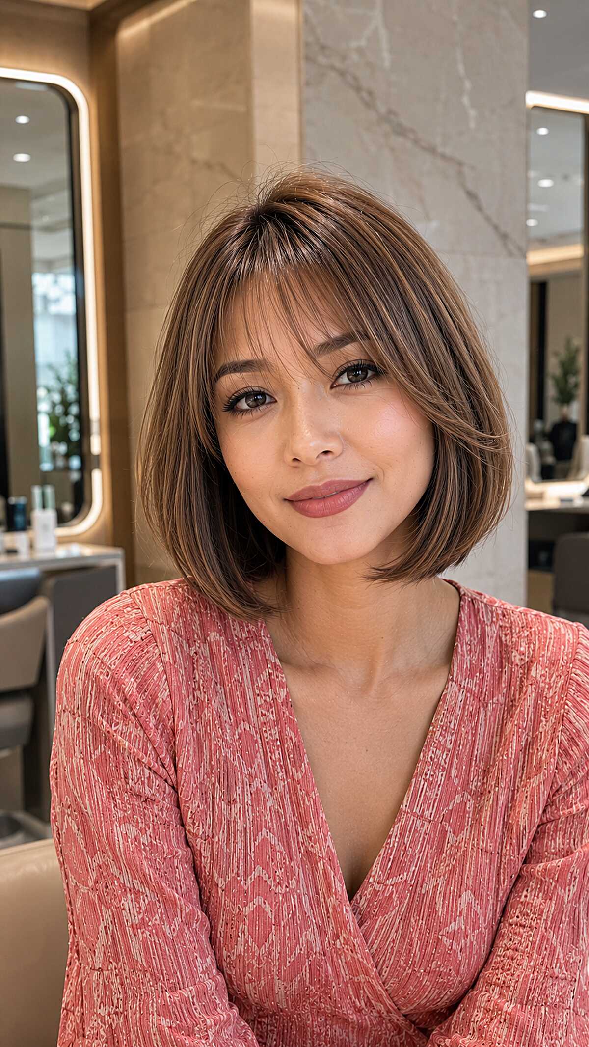 Chin-length caramel brown bob with wispy fringe