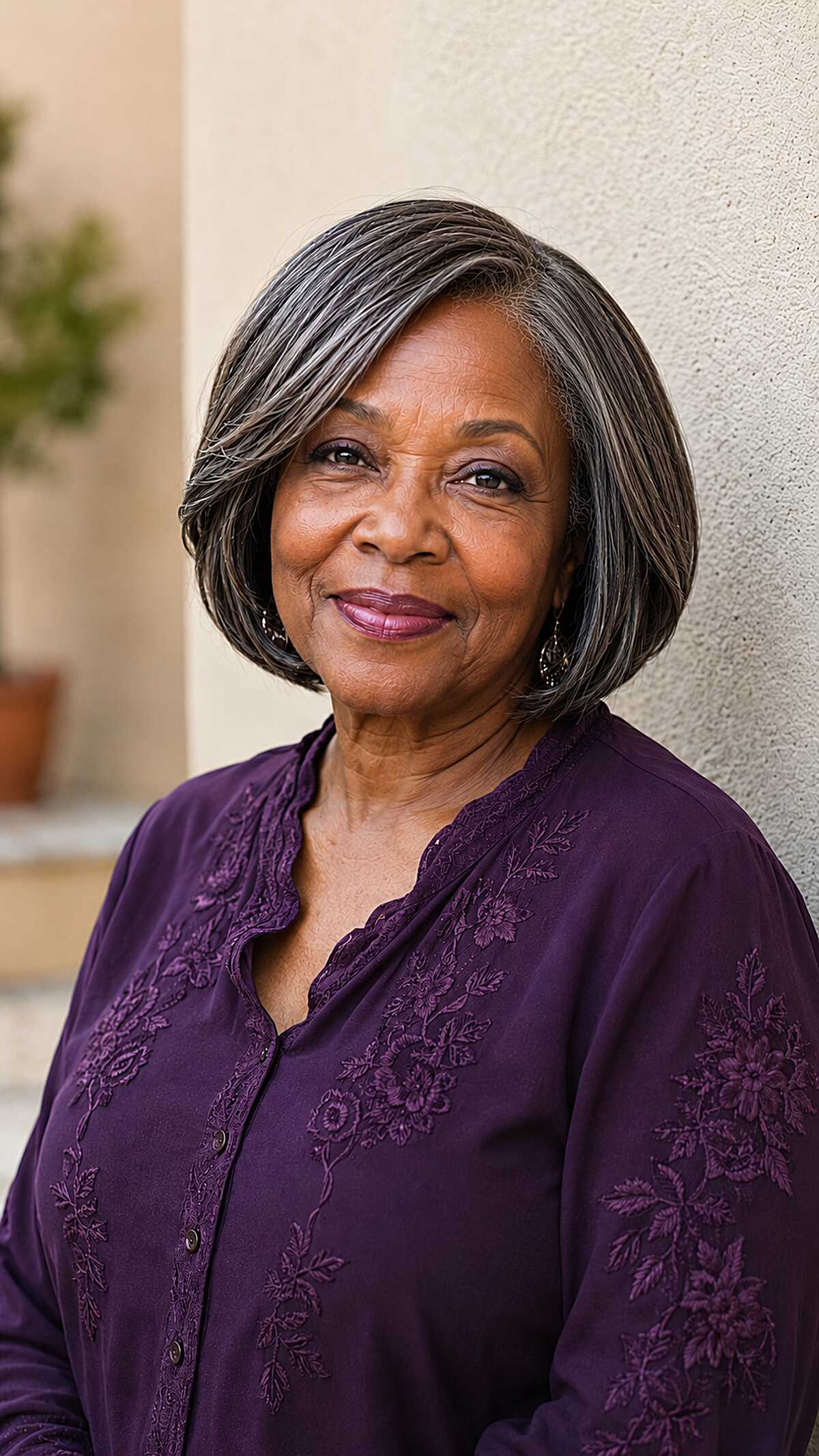 Classic chin-length bob sew-in with gray streaks
