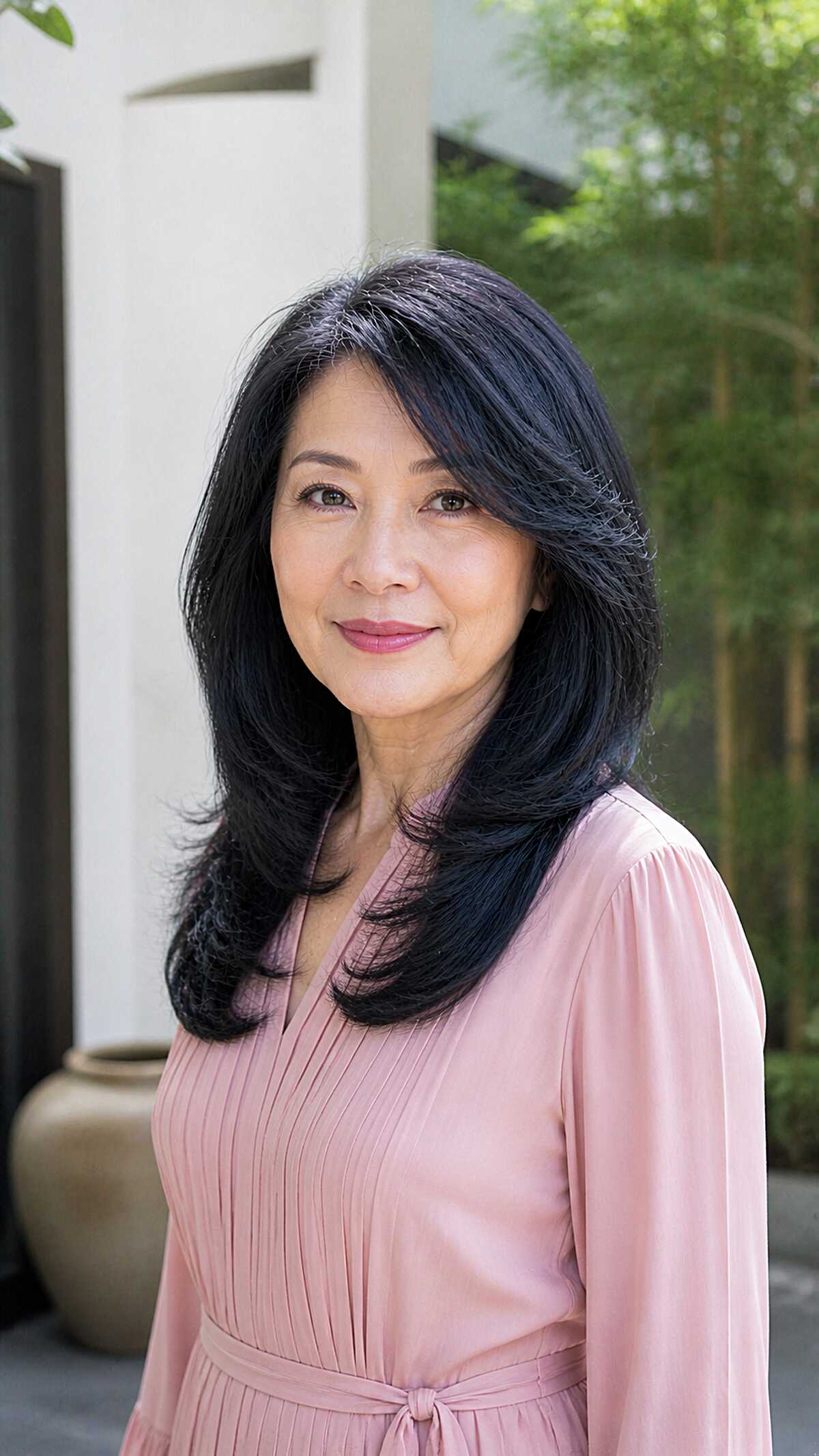 Long black layered hair with soft face-framing pieces