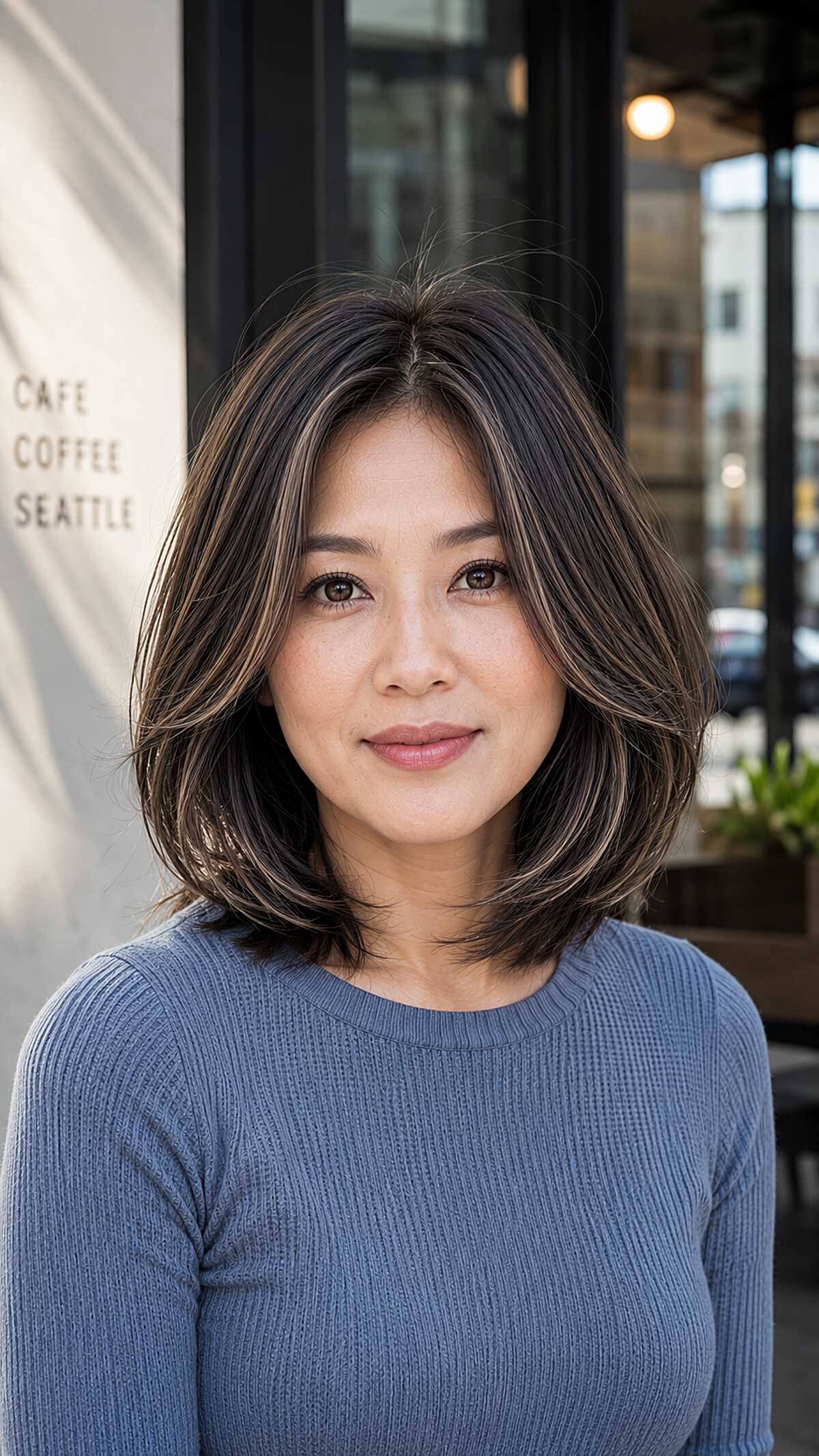 Collarbone-Length Dark Layered Bob with Highlights