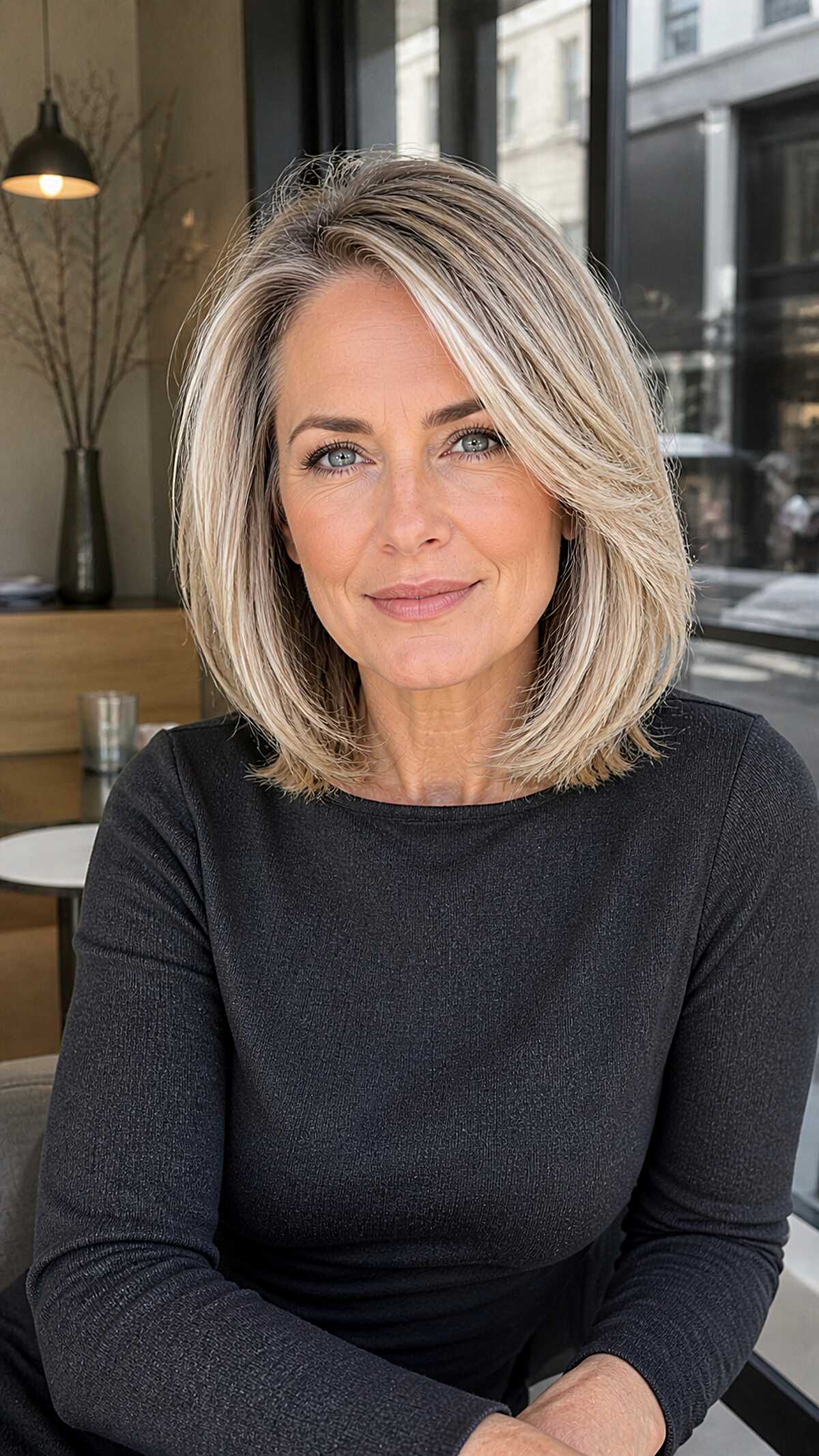 Cool toned blonde layered bob with soft side part
