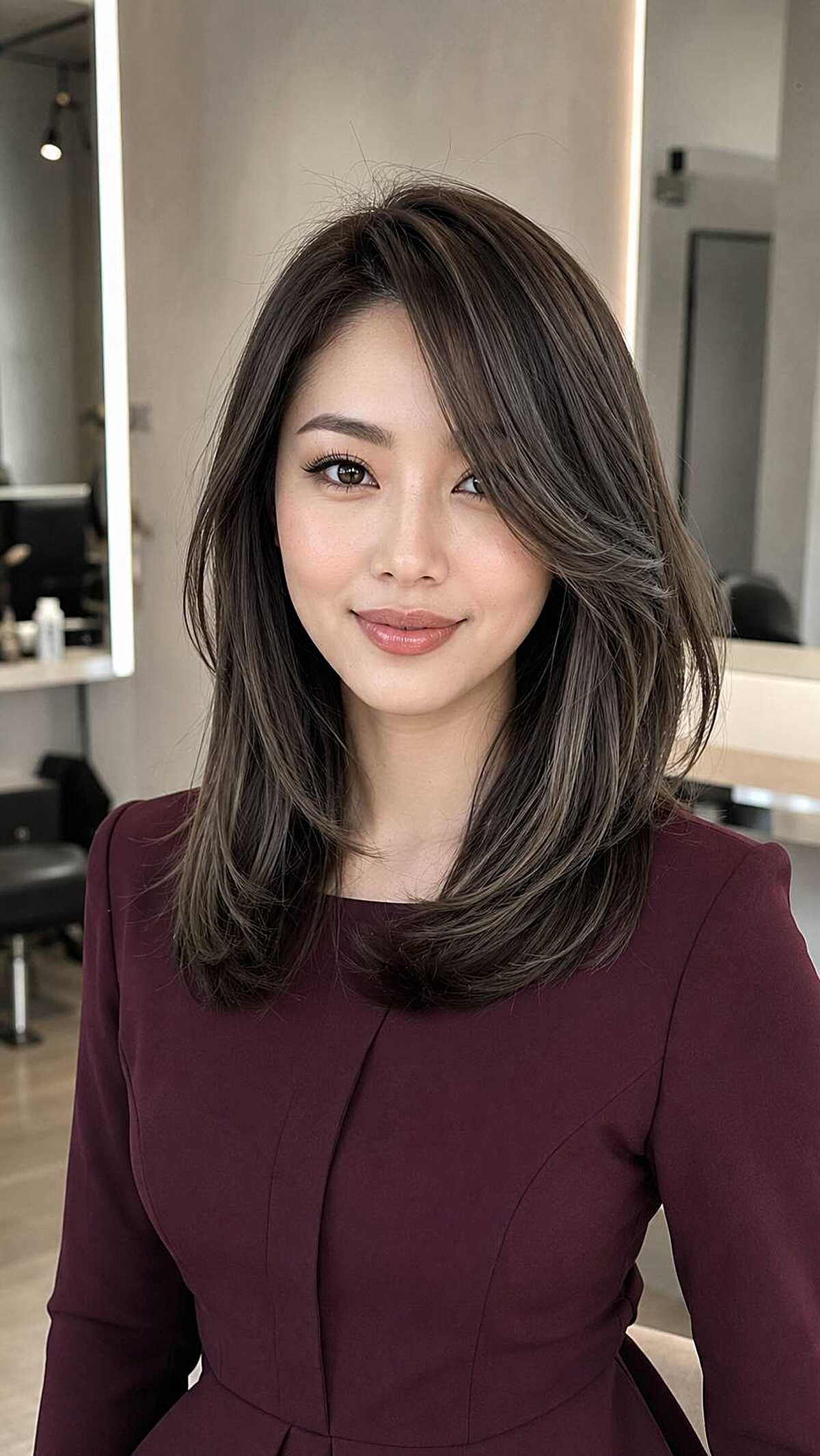 Cool-toned brunette polished lob with side part