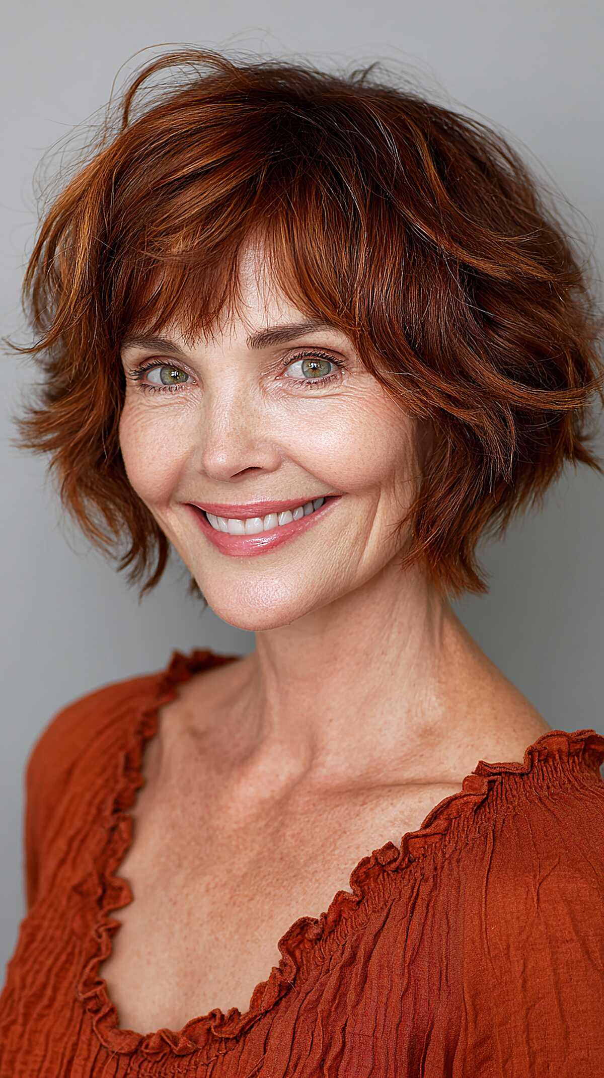 Copper auburn shaggy bob with tousled waves and bangs