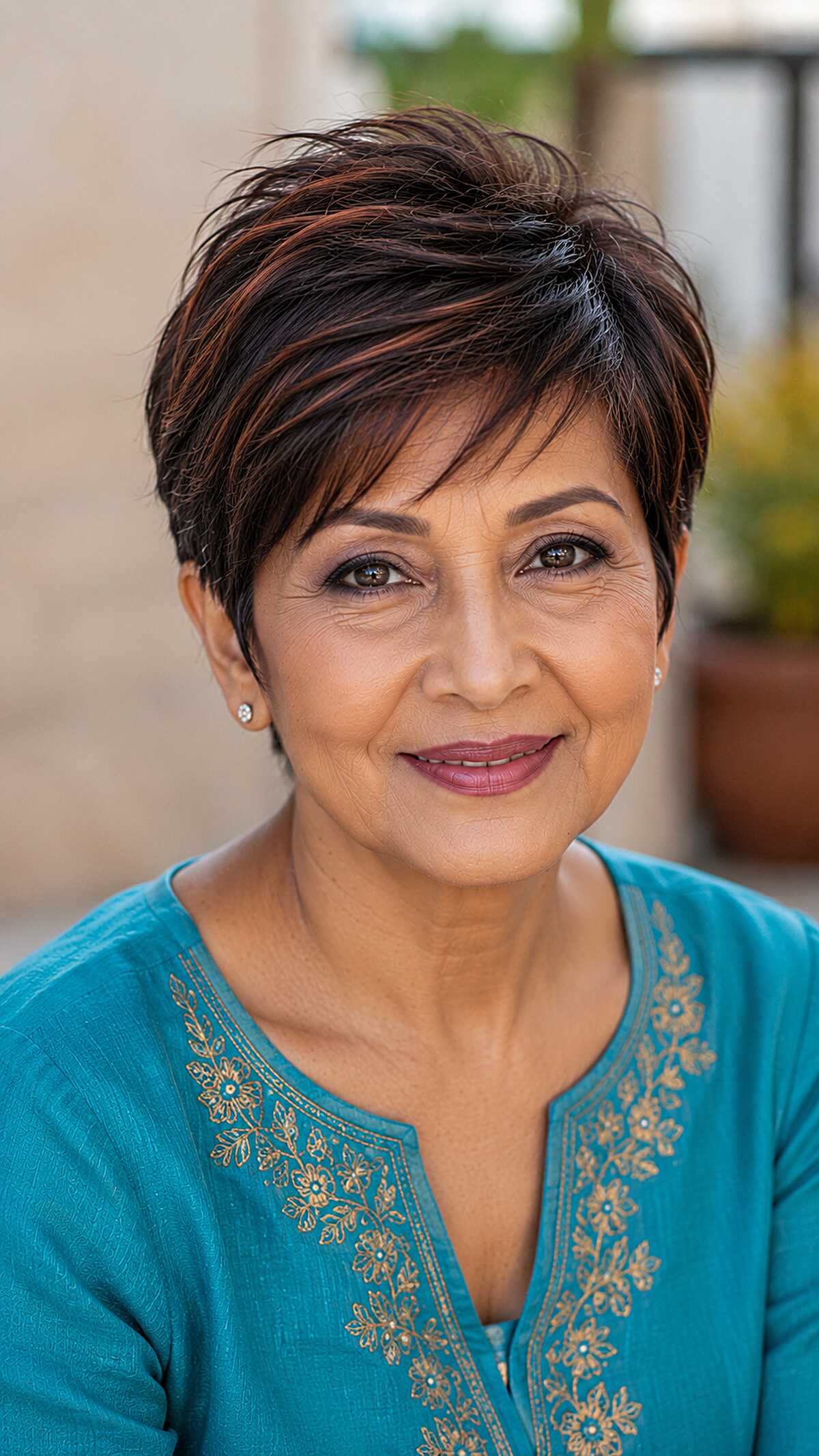 Dark Brunette Pixie with Subtle Copper Highlights