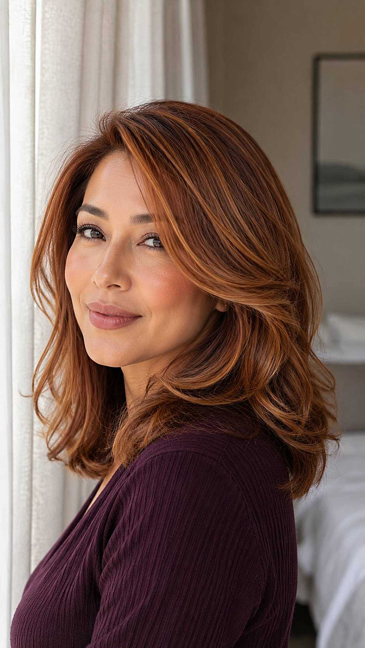 Warm copper medium layered hair with side part and blowout