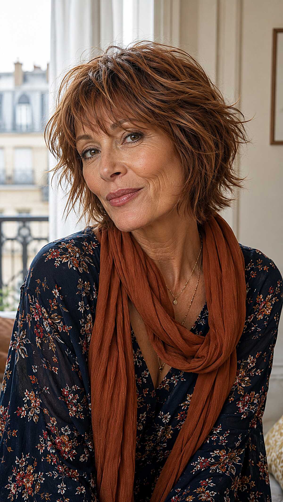 Copper razored shag with tousled bangs for over 60
