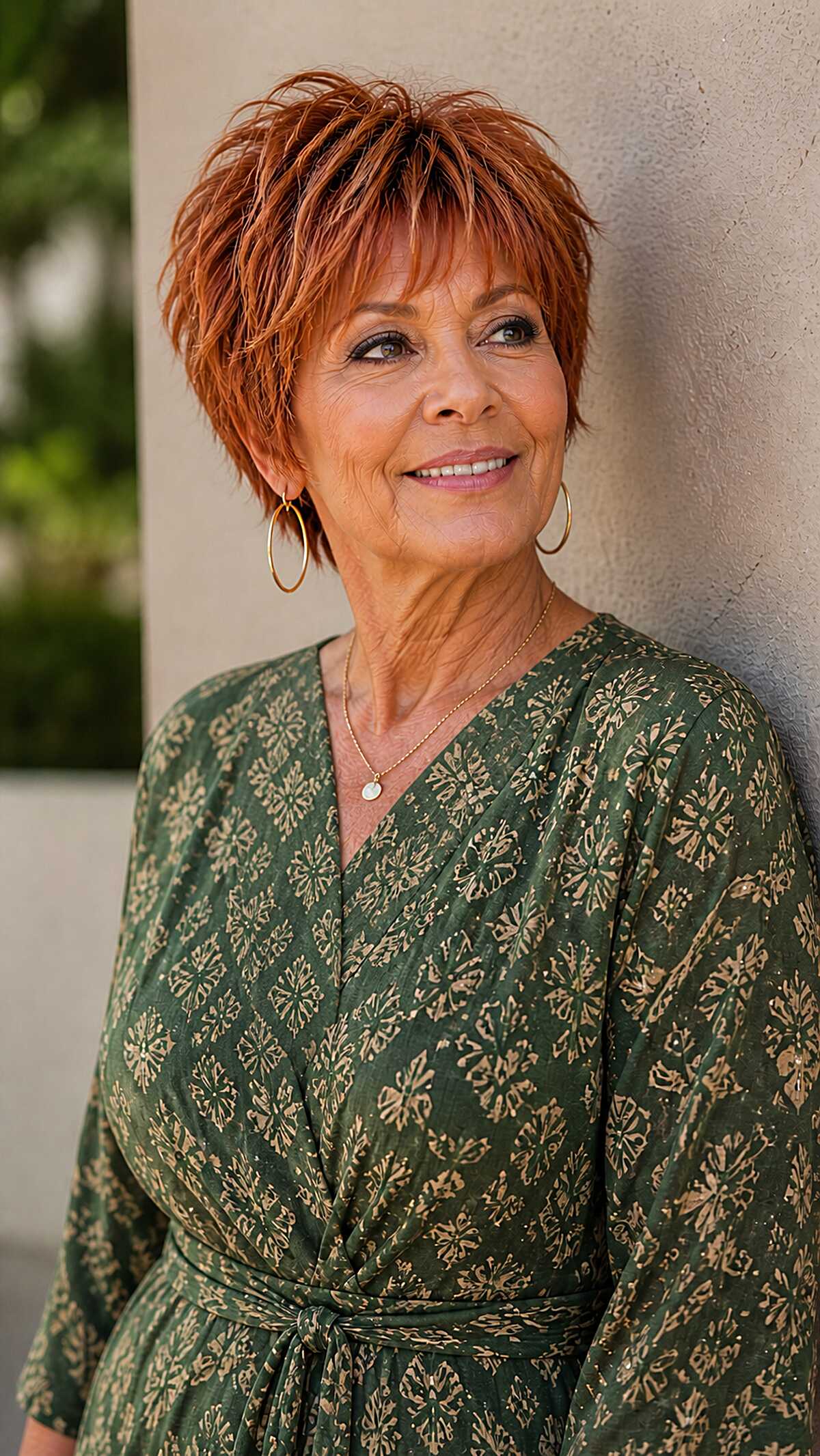 Copper red textured pixie shag on woman over 60
