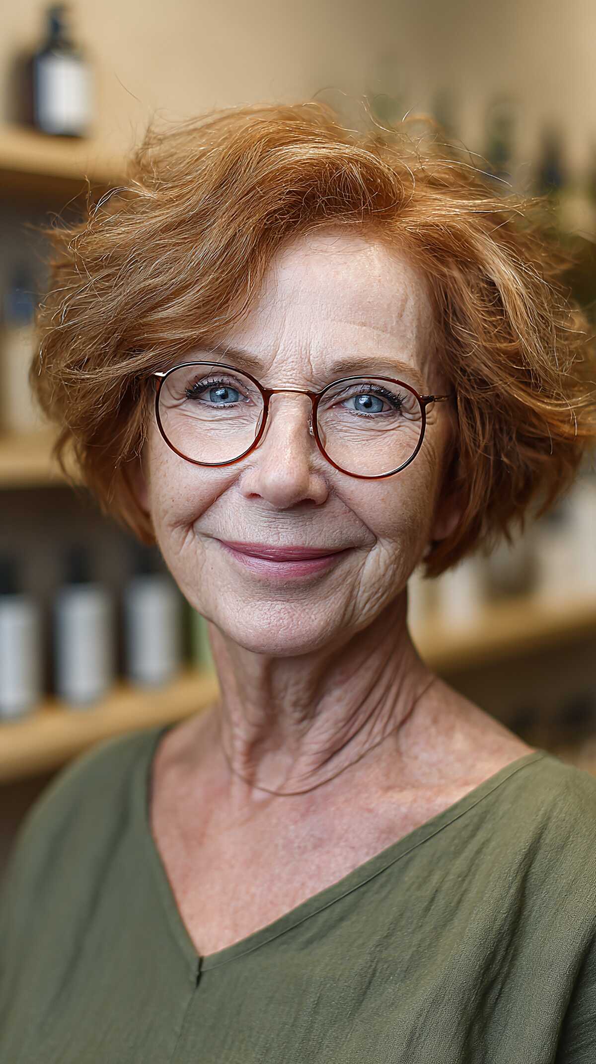 Copper Red Wavy Bob with Round Glasses