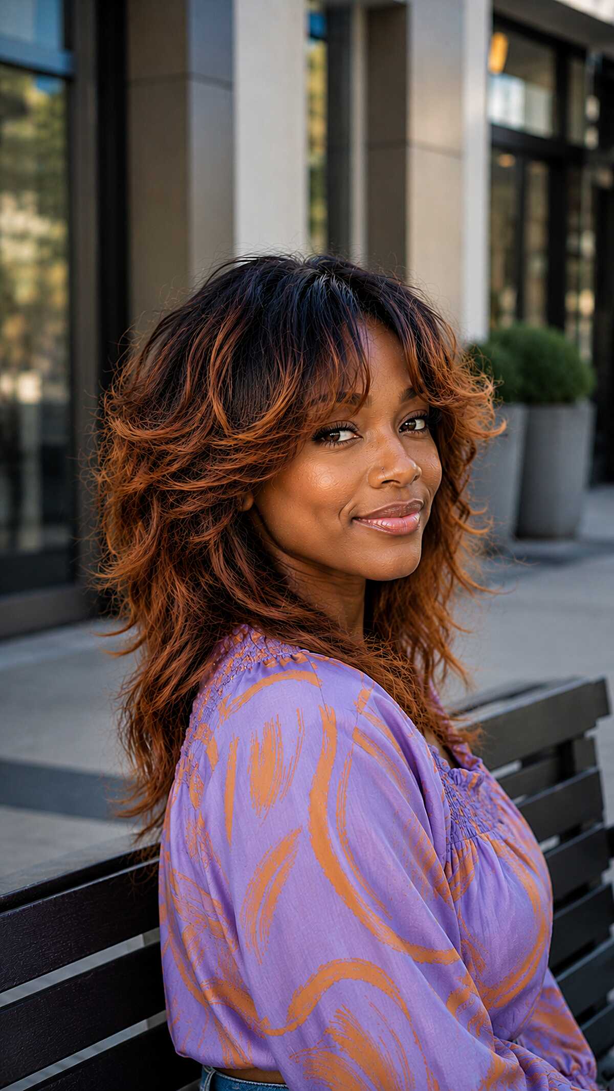 Medium copper shag quick weave with curtain bangs