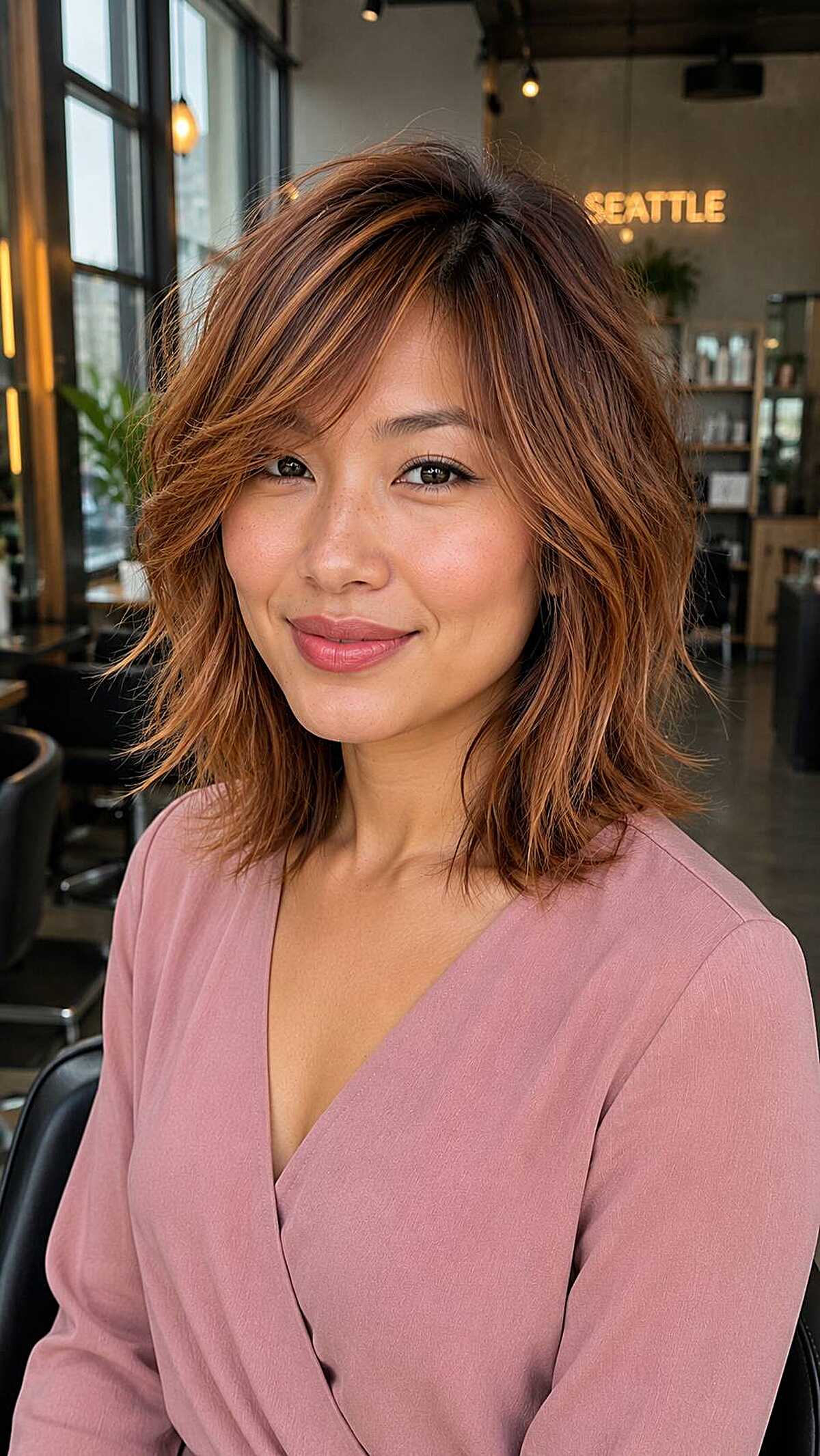 Copper shaggy medium cut with wispy side-swept bangs
