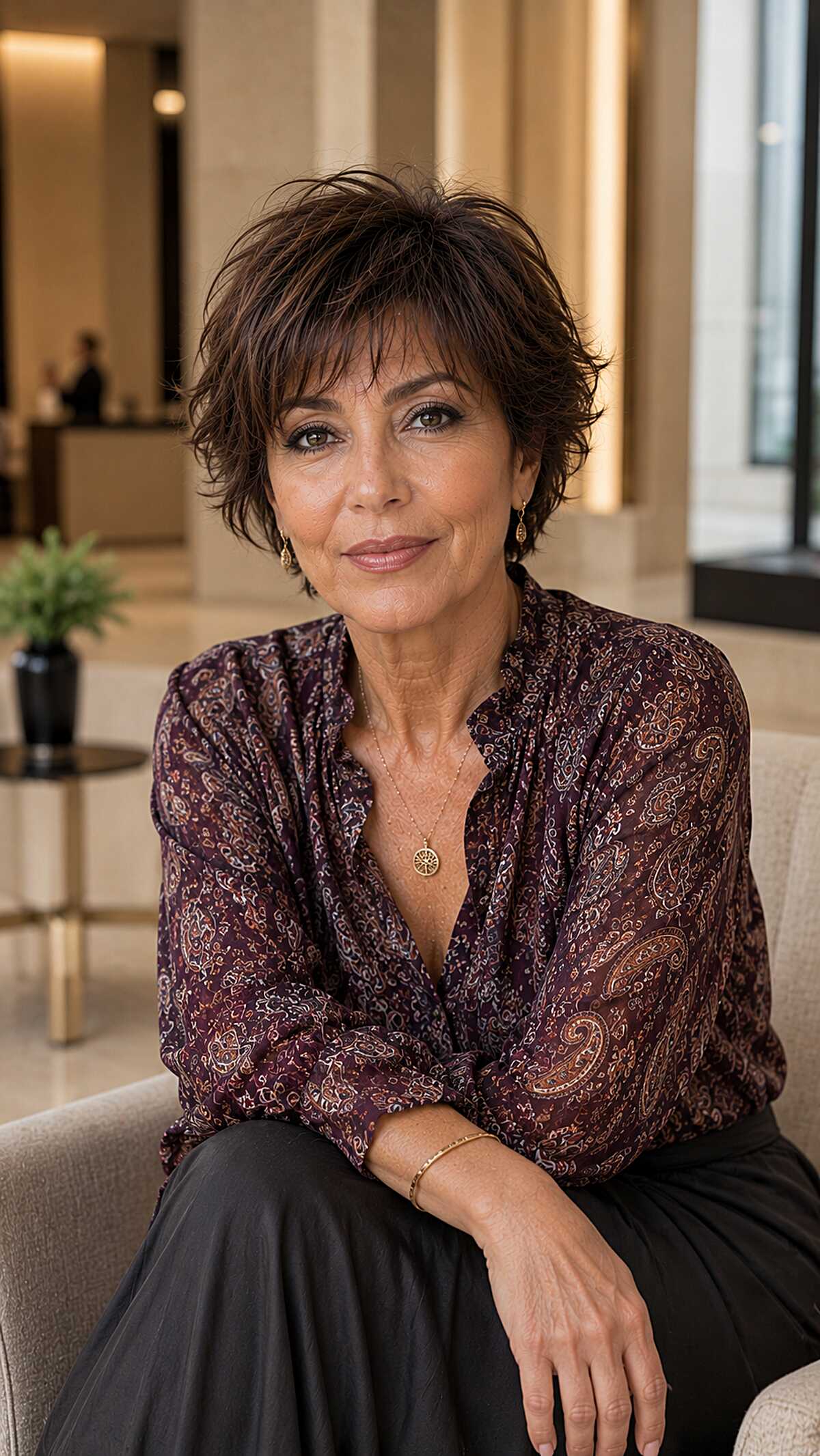 Cropped brunette shag with razored bangs for over 60