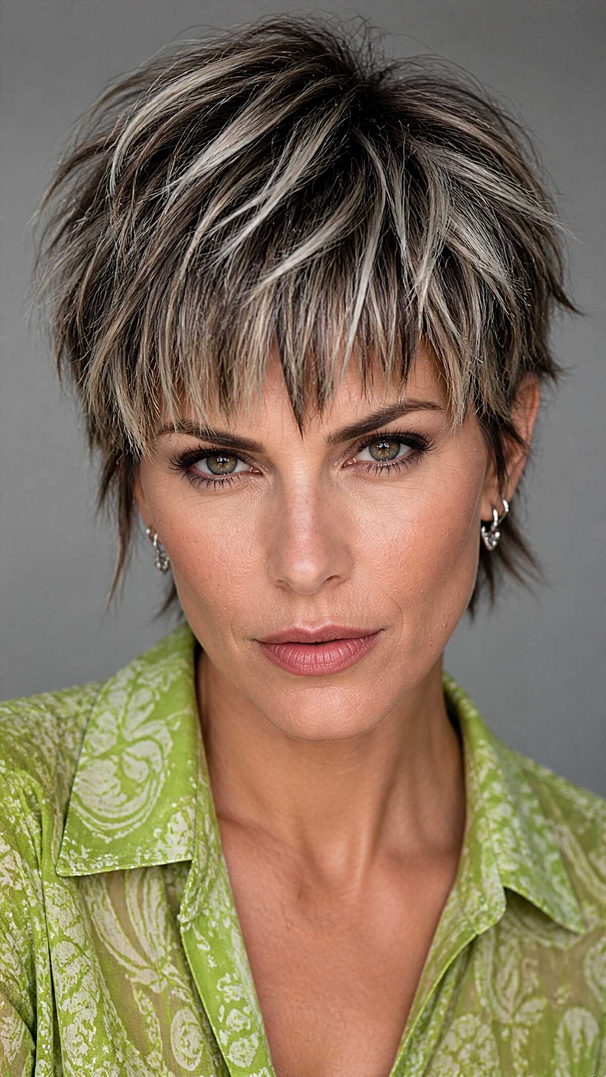 Cropped dark pixie wolfcut with bold blonde highlights