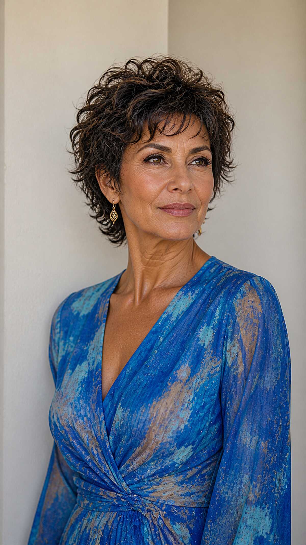 Curly dark brunette pixie shag on woman over 60
