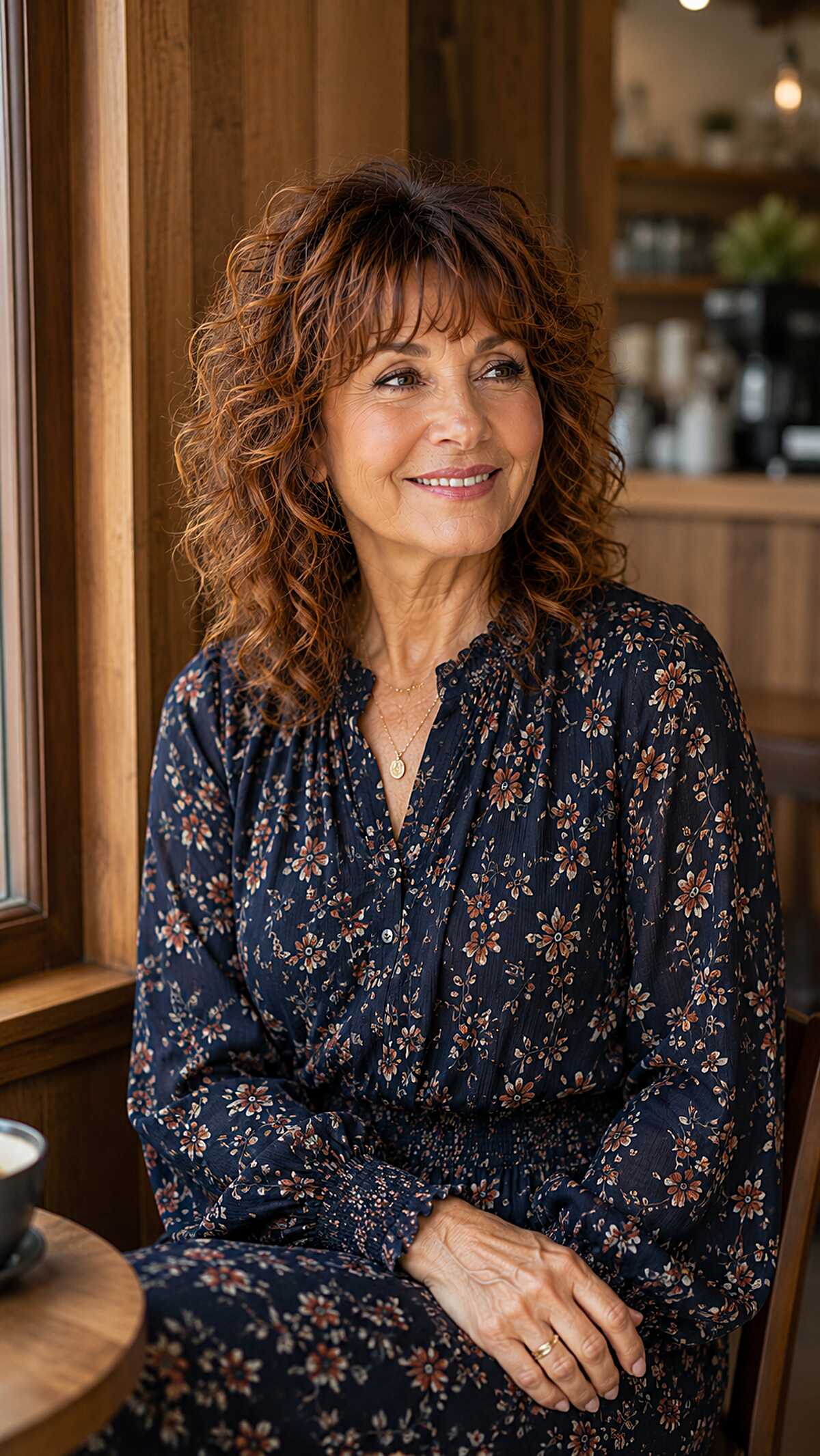 Curly shag with bangs in warm auburn brown