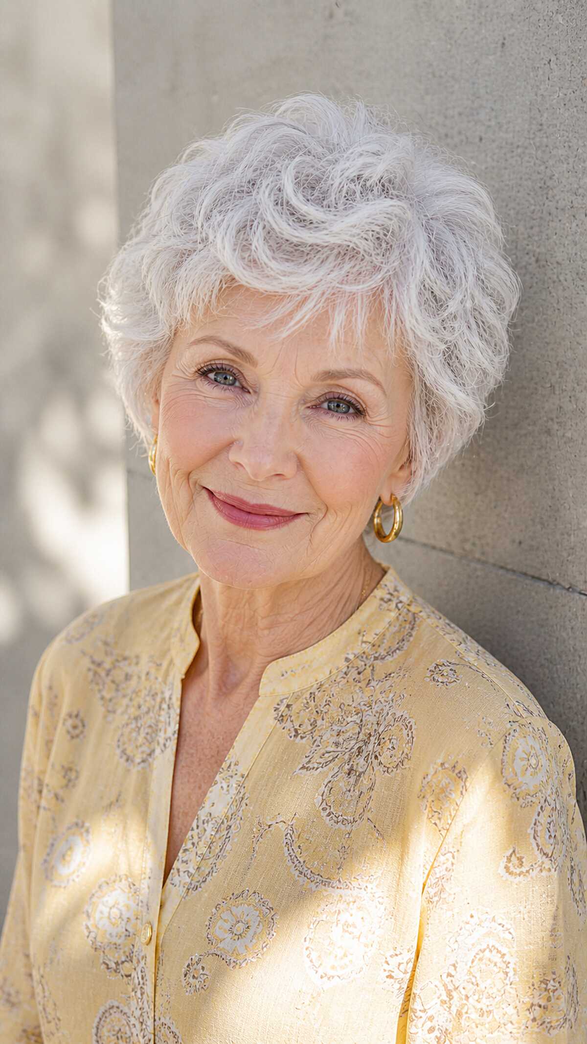 Curly silver pixie with natural volume and texture