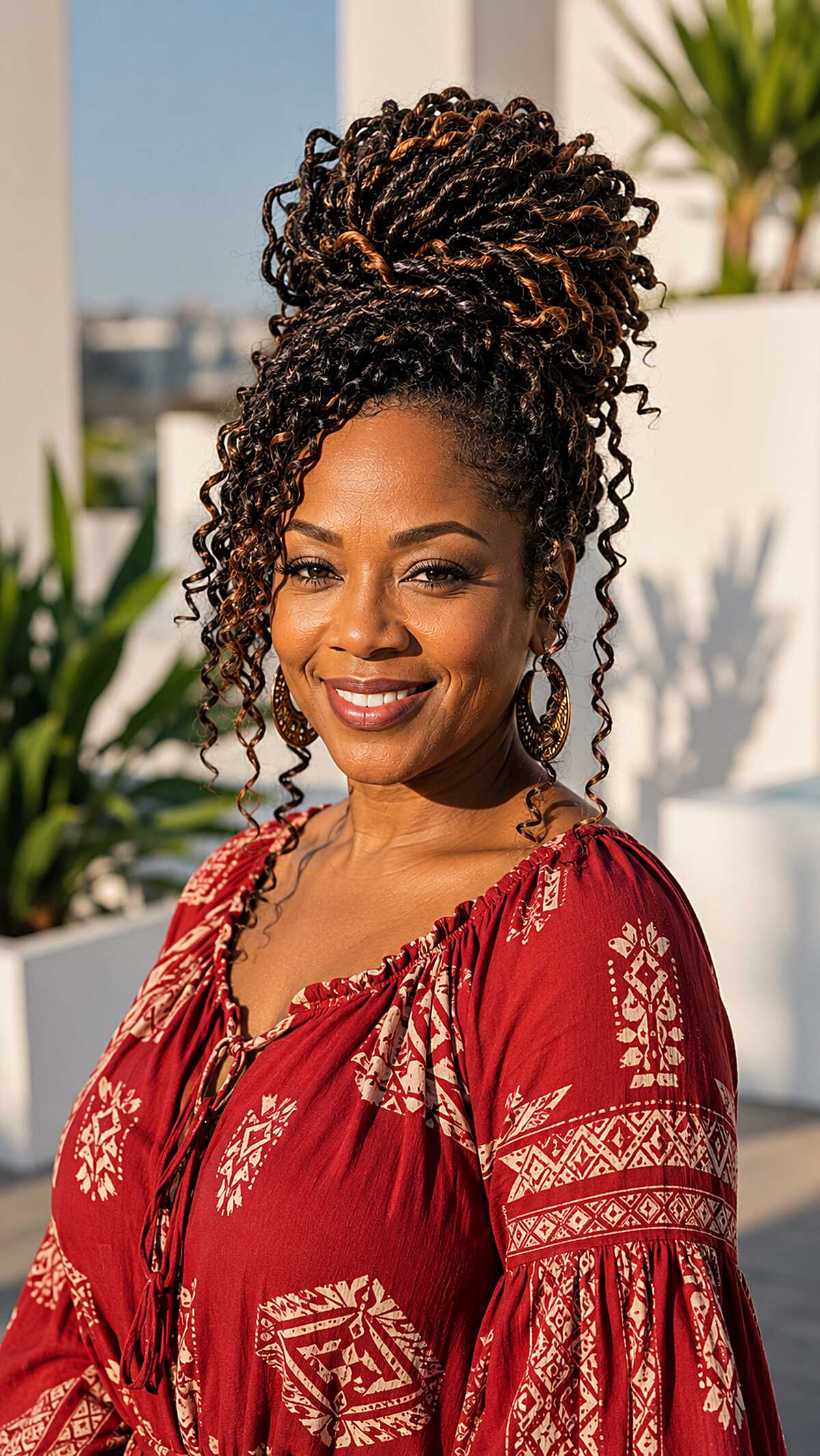 Curly Twists Updo With Golden Highlights and Loose Tendrils