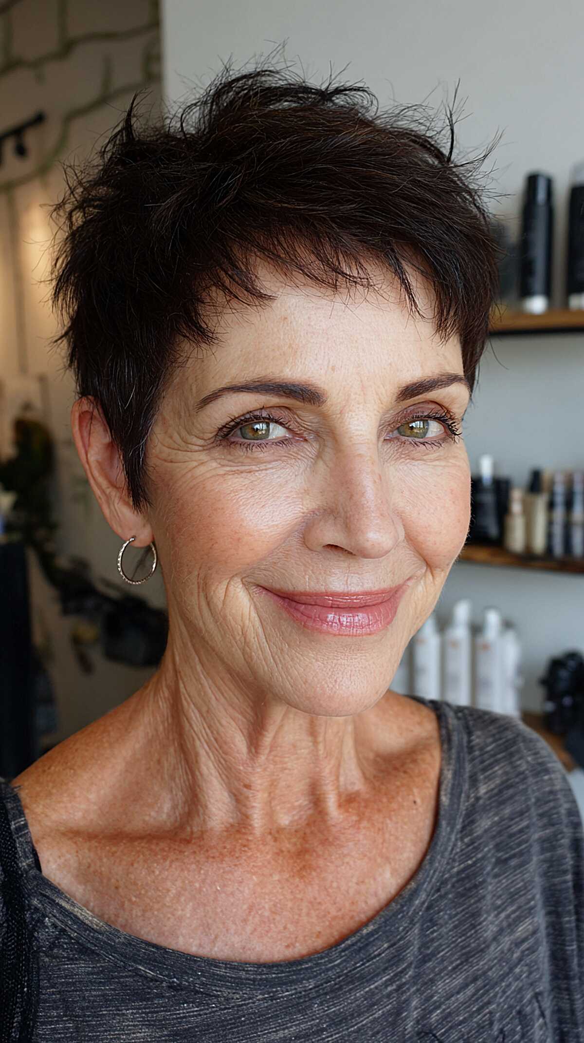 Dark brown cropped pixie with spiky textured top