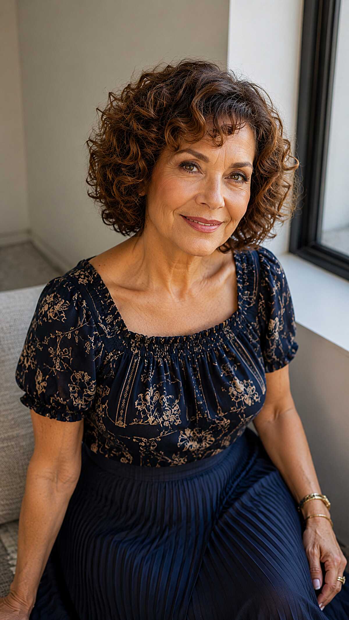 Dark brunette chin-length bob with soft curls