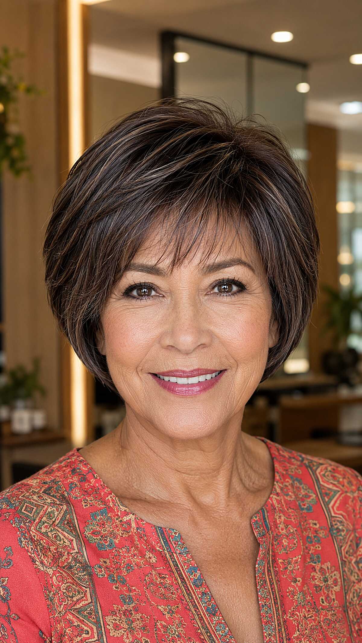 Dark brunette polished pixie bob with swept side bangs