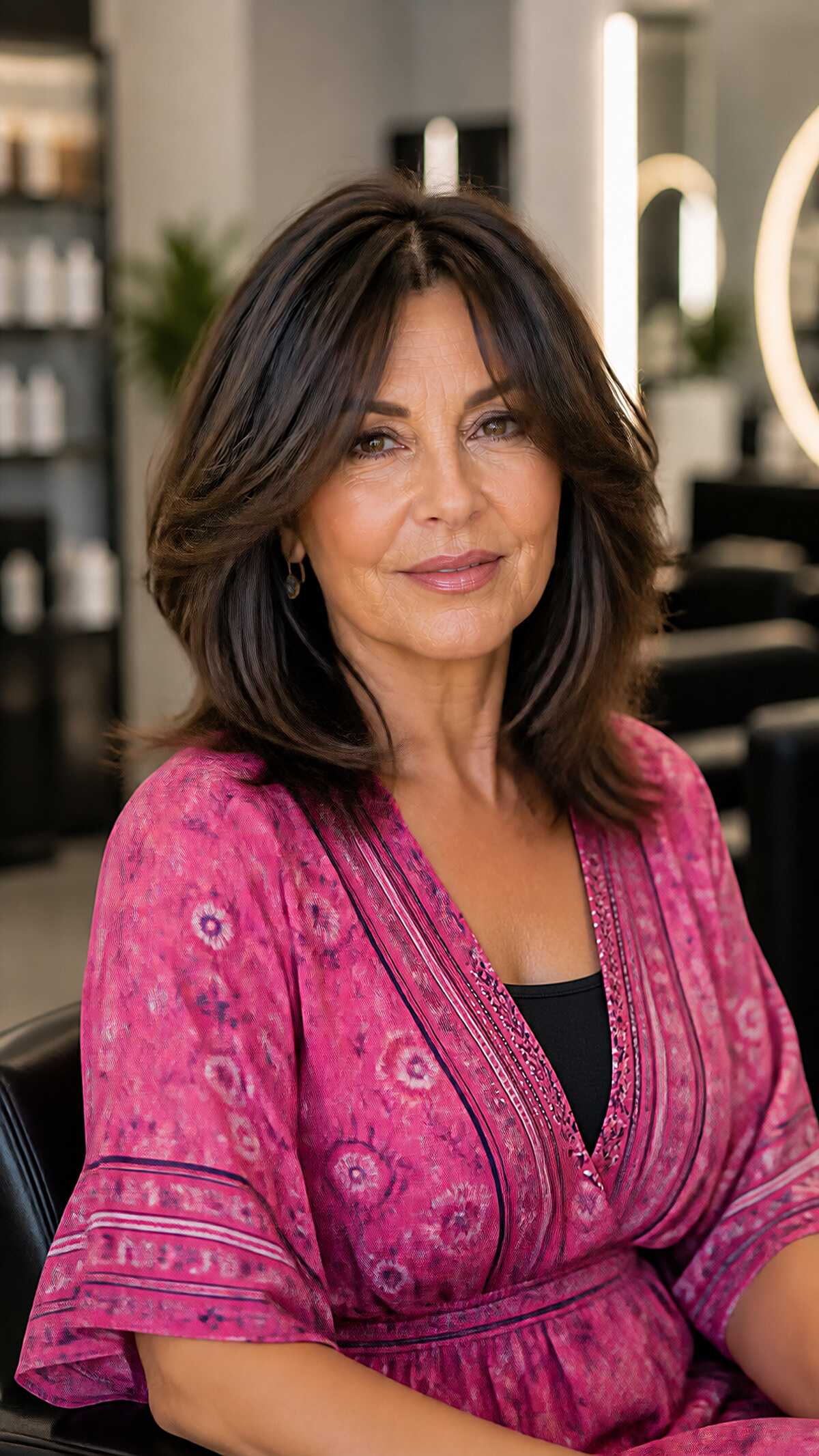 Dark Brunette Soft Body Shaggy Lob Without Bangs Over 60