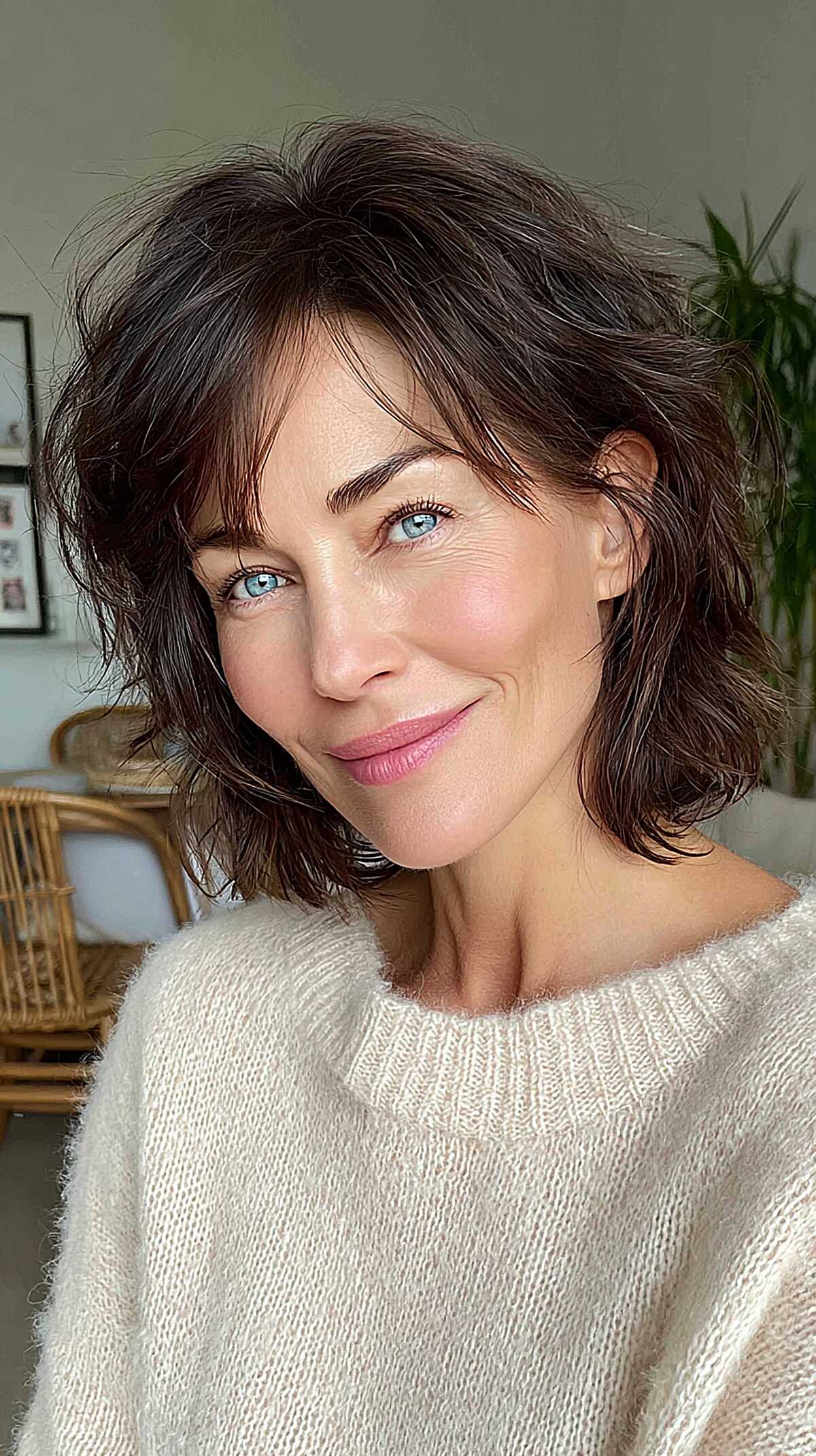 Dark brunette wavy bob with shaggy face-framing layers