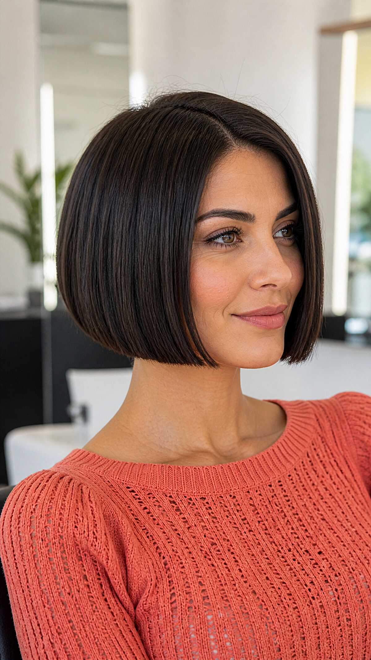 Dark chocolate chin-length blunt bob with deep side part