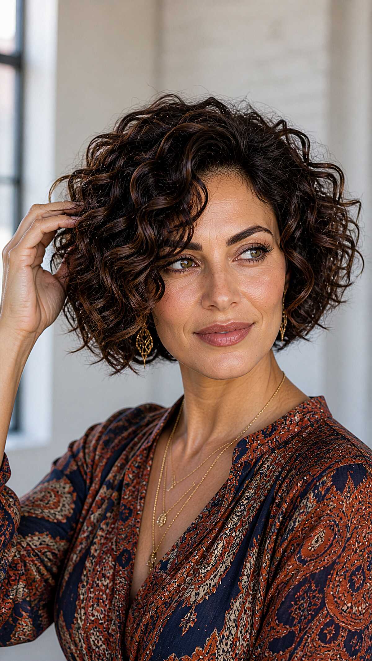 Dark chocolate curly bob with warm reddish tones