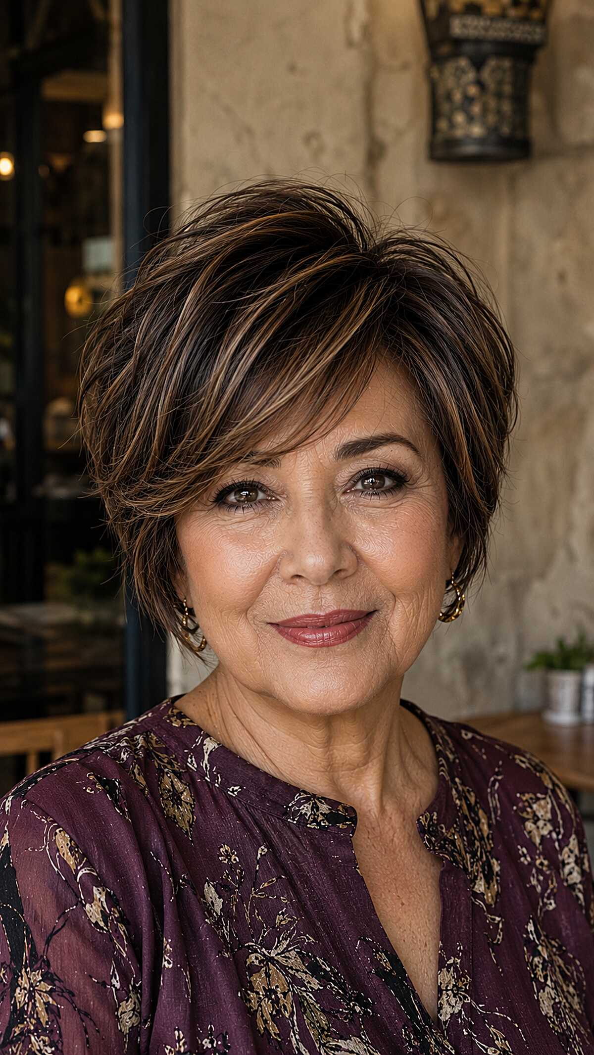 Dark chocolate pixie bob with mocha toned highlights