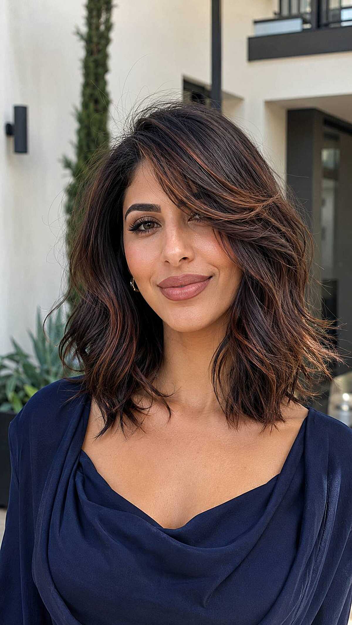 Dark chocolate wavy medium hair with copper highlights
