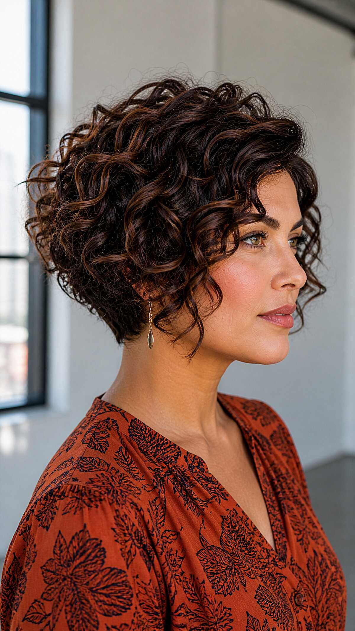 Dark curly stacked bob with copper highlights