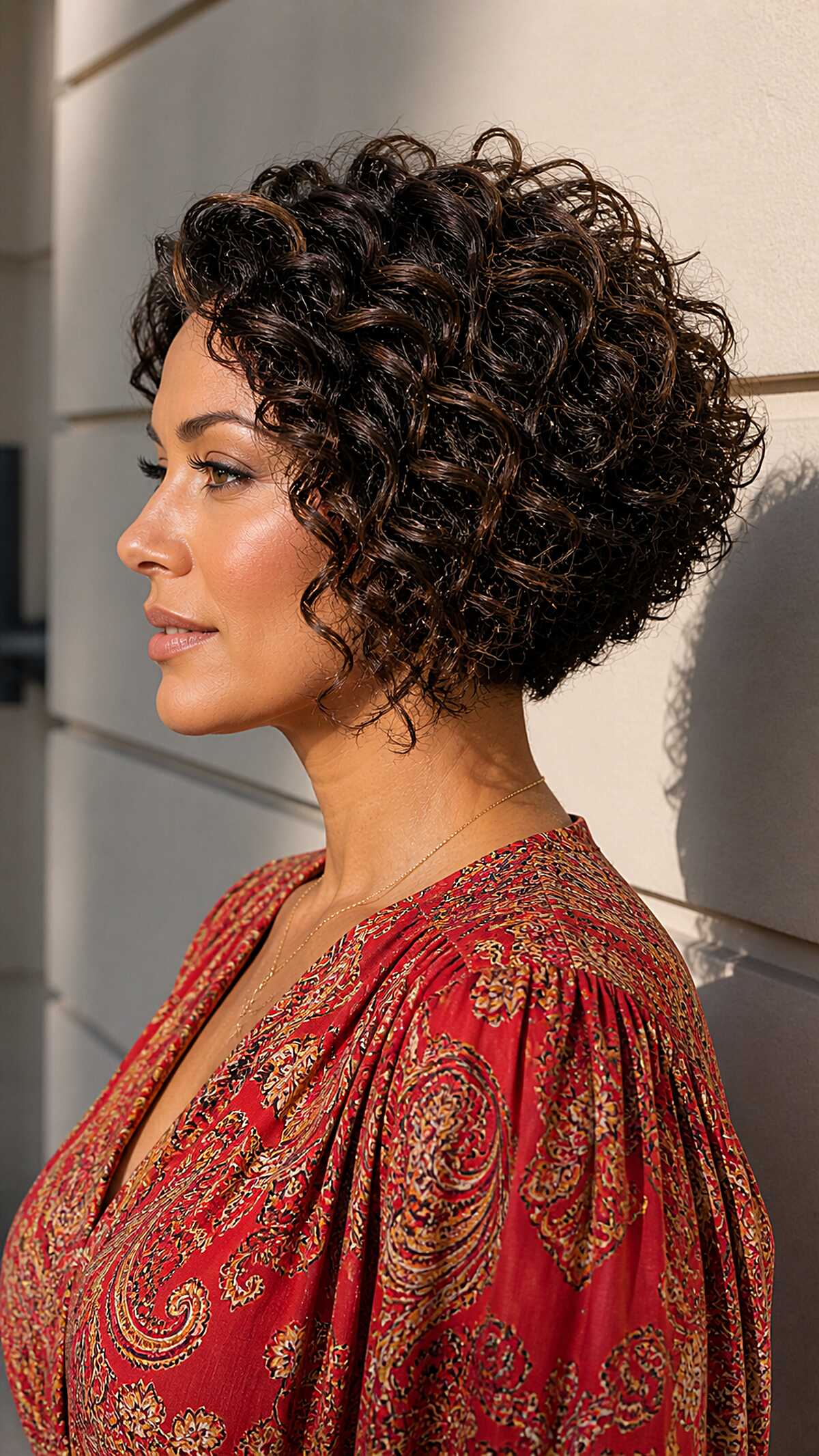 Short dark curly stacked bob with natural sheen