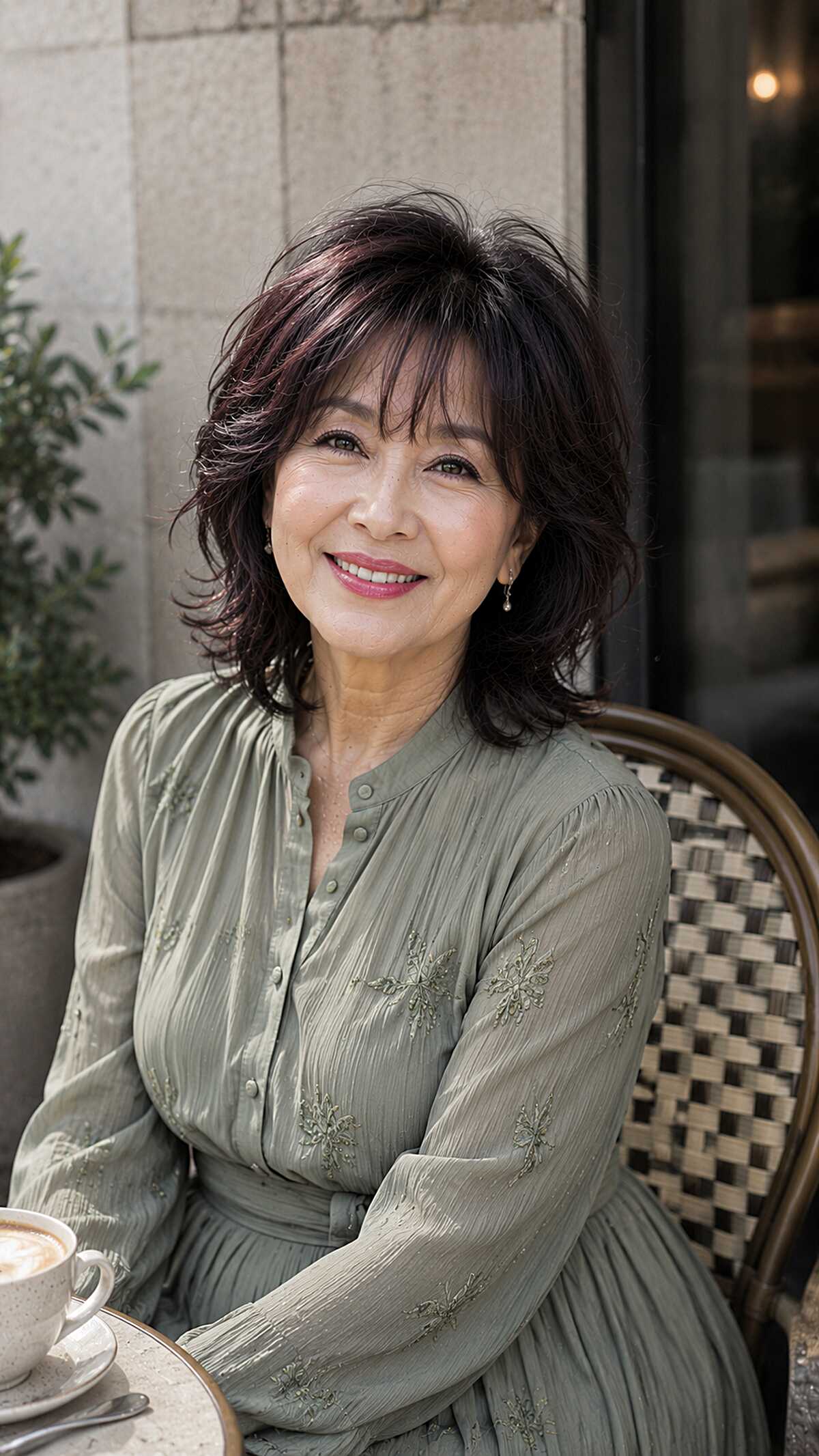 Dark plum-tinted shag with wispy bangs for over 60