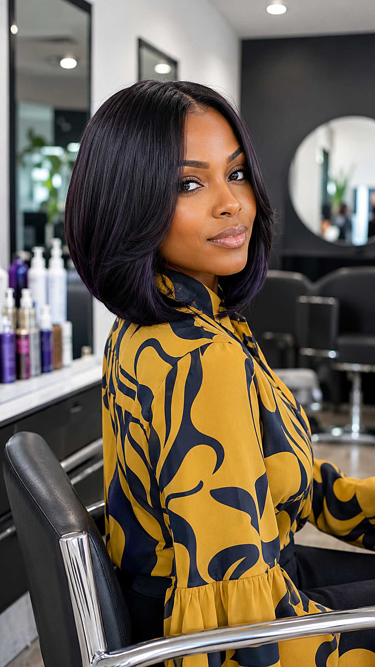 Deep Black Angled Bob with Glossy Glass-Like Finish