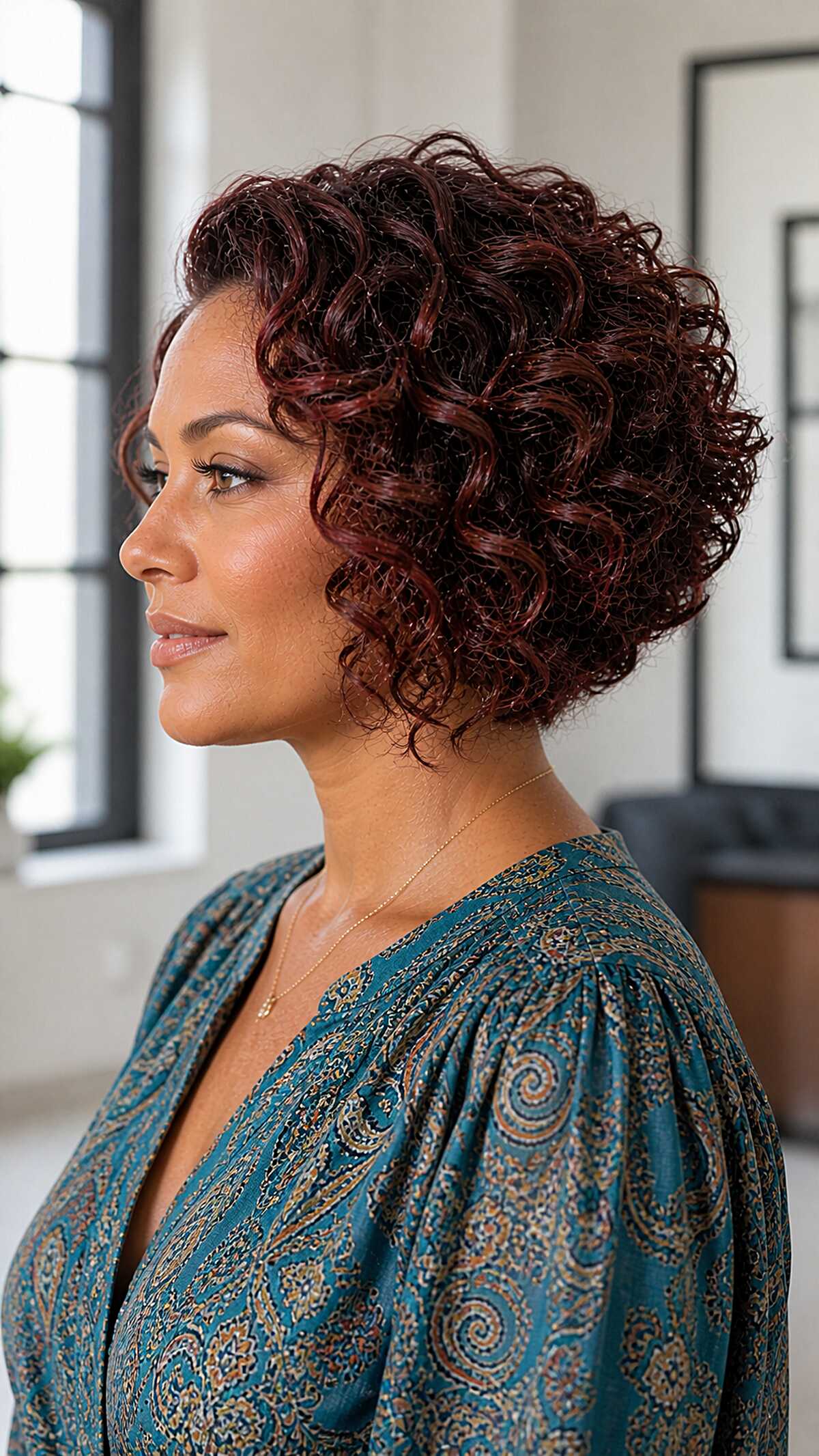 Deep burgundy red stacked curly bob hairstyle