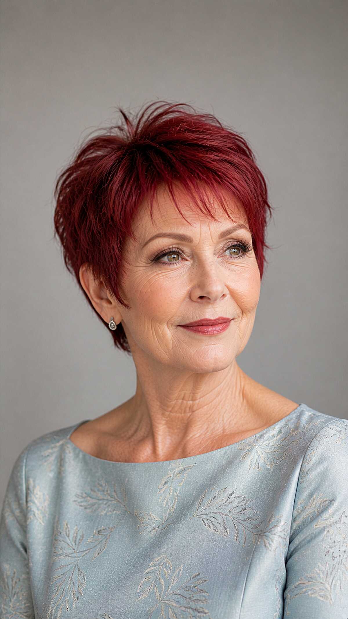 Deep Cranberry Red Pixie Cut with Textured Fringe