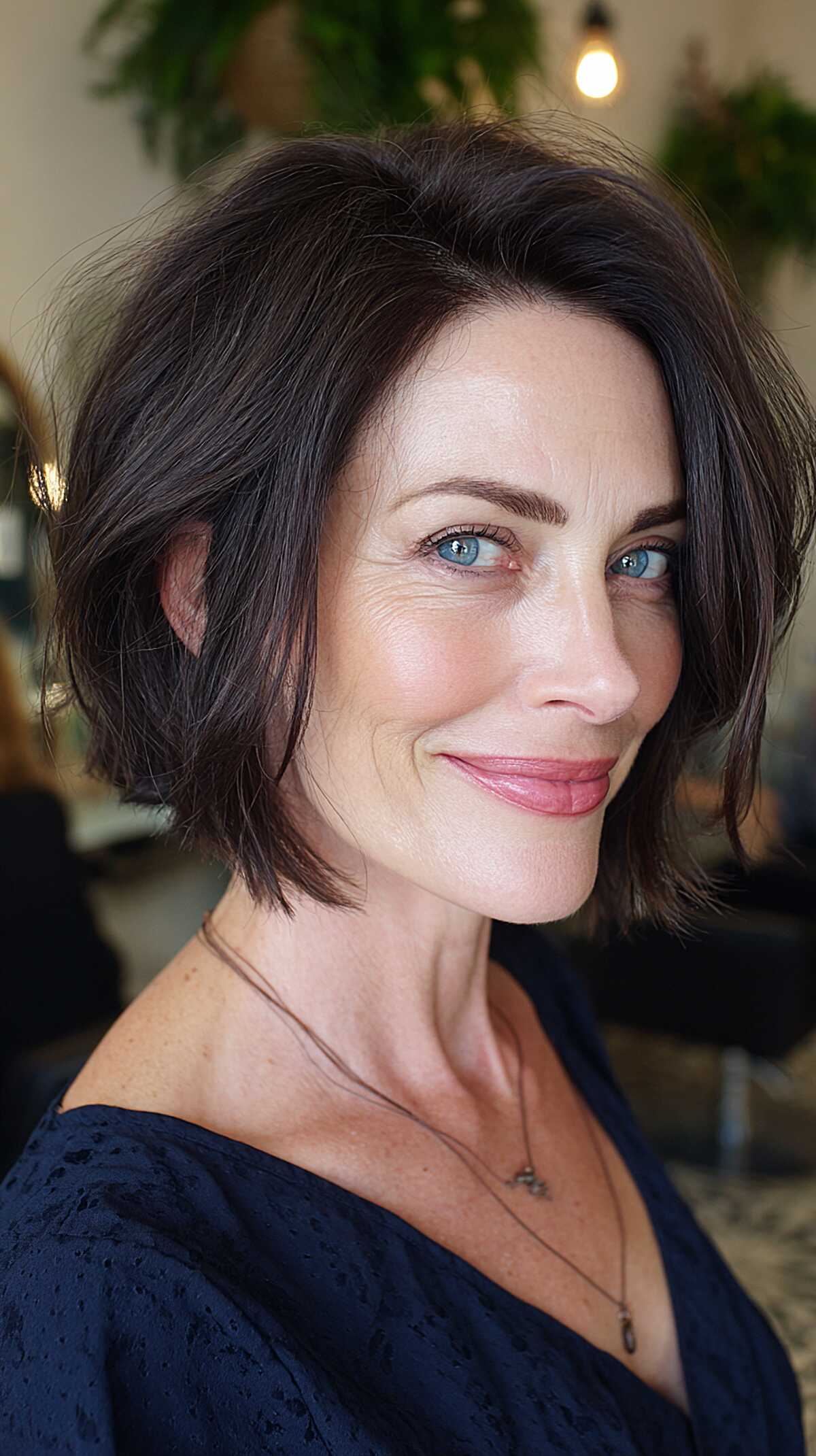 Deep espresso textured bob with volume at the crown