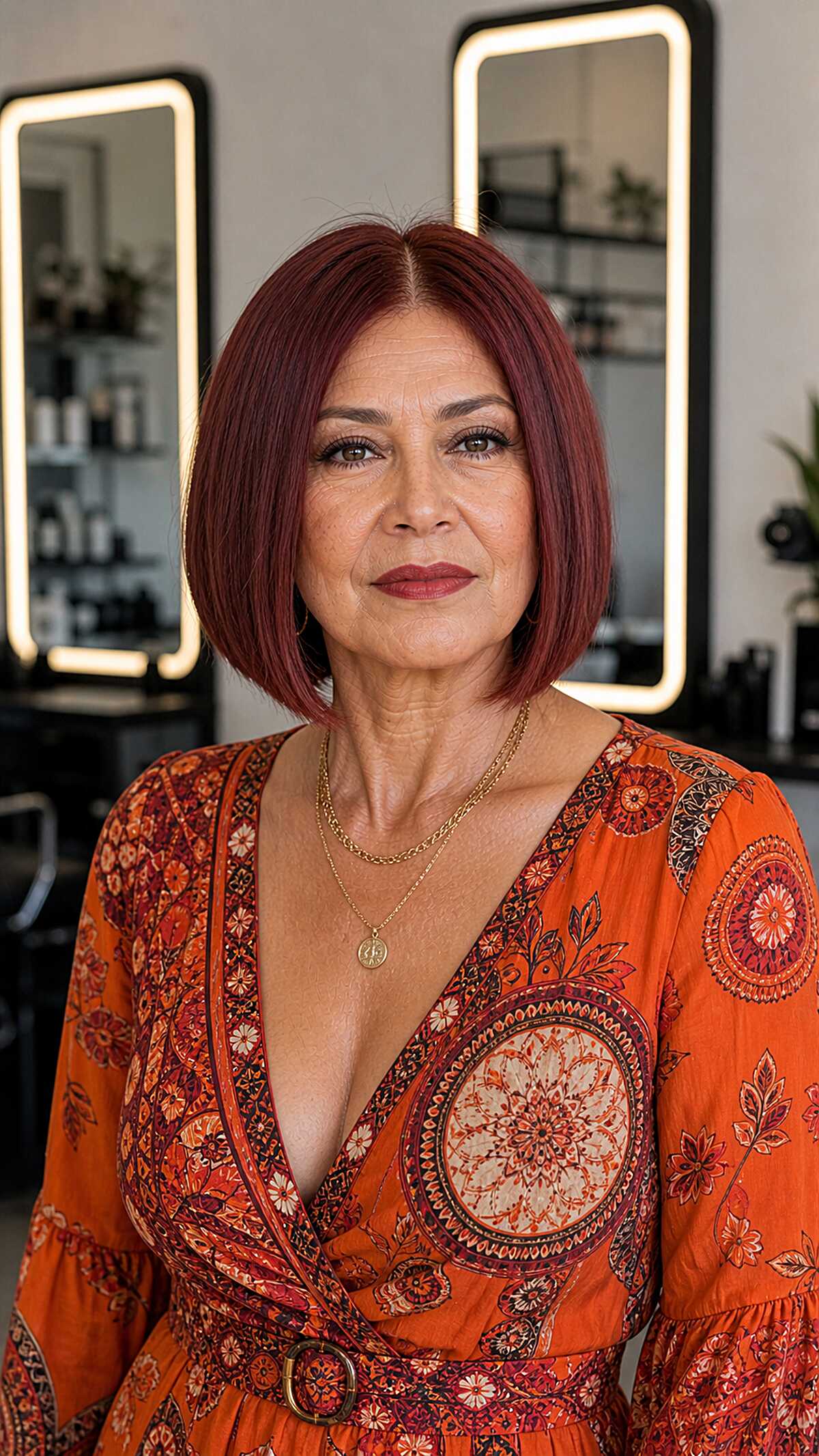 Deep Plum Red Blunt Bob on Mature Woman