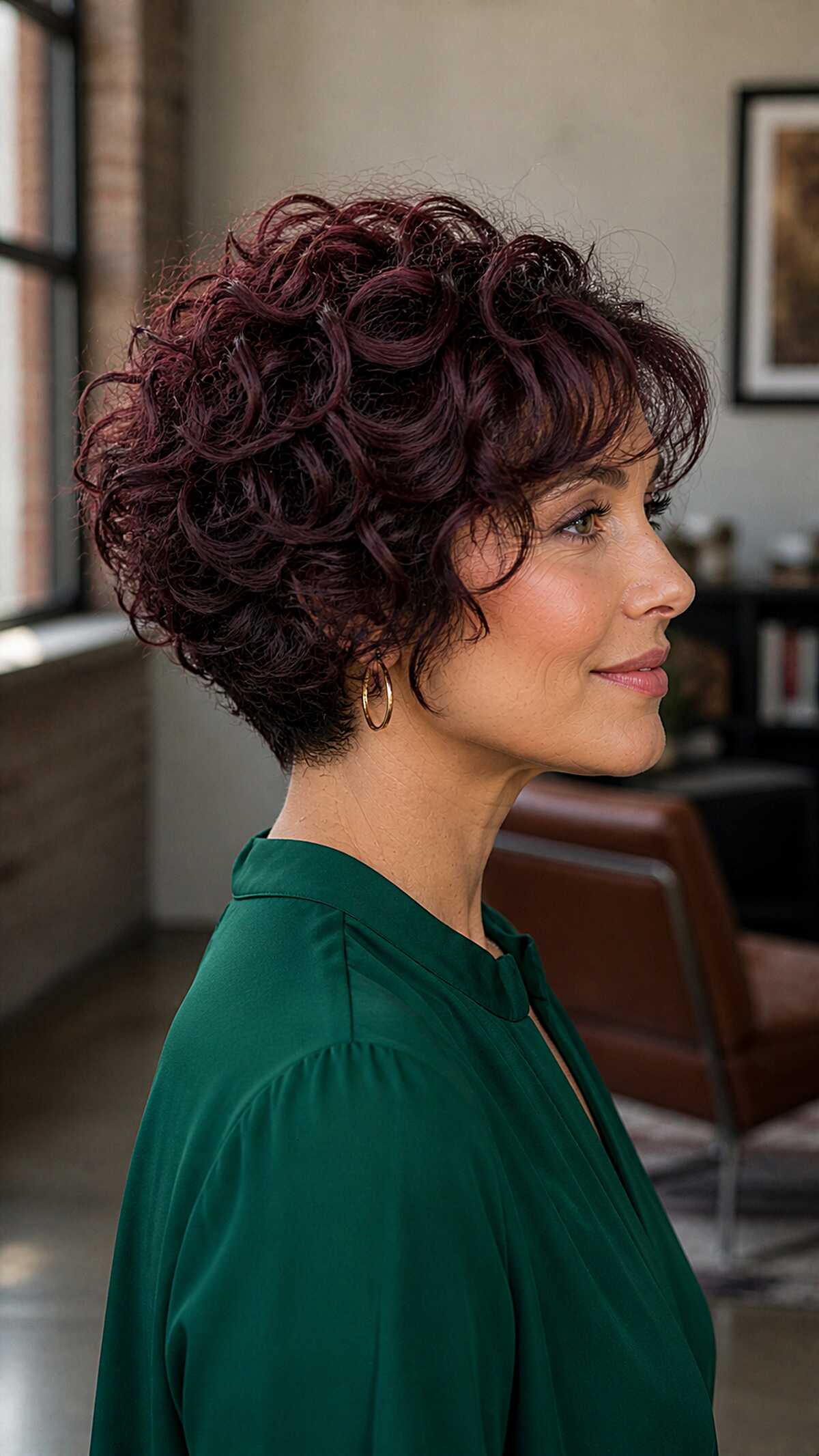 Deep plum burgundy curly stacked short bob